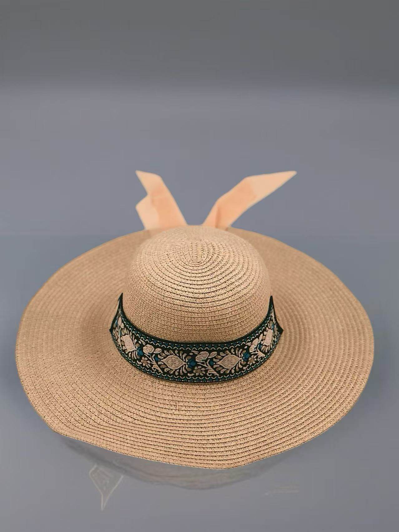 Boho-Chic Embroidered Sun Hat with Peach Chiffon Ribbon - MODA ACCESSORIES