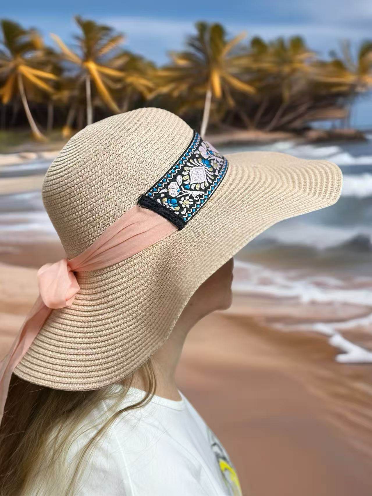 Boho-Chic Embroidered Sun Hat with Peach Chiffon Ribbon - MODA ACCESSORIES