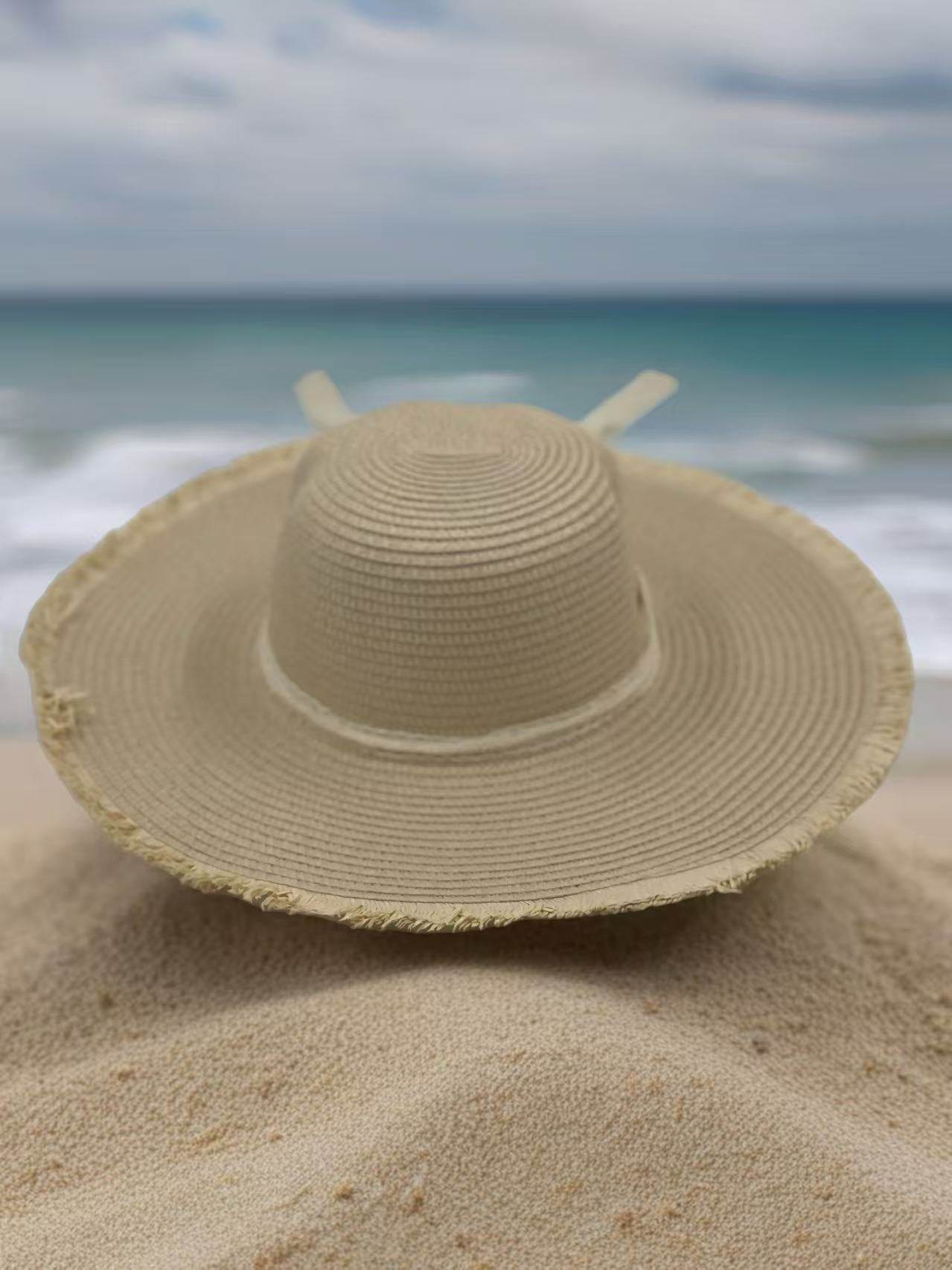 Rustic Straw Sun Hat with Lace Ribbon & Frayed Brim - MODA ACCESSORIES