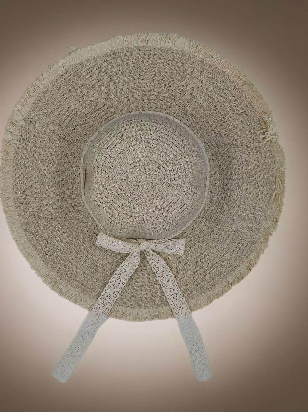 Rustic Straw Sun Hat with Lace Ribbon & Frayed Brim - MODA ACCESSORIES