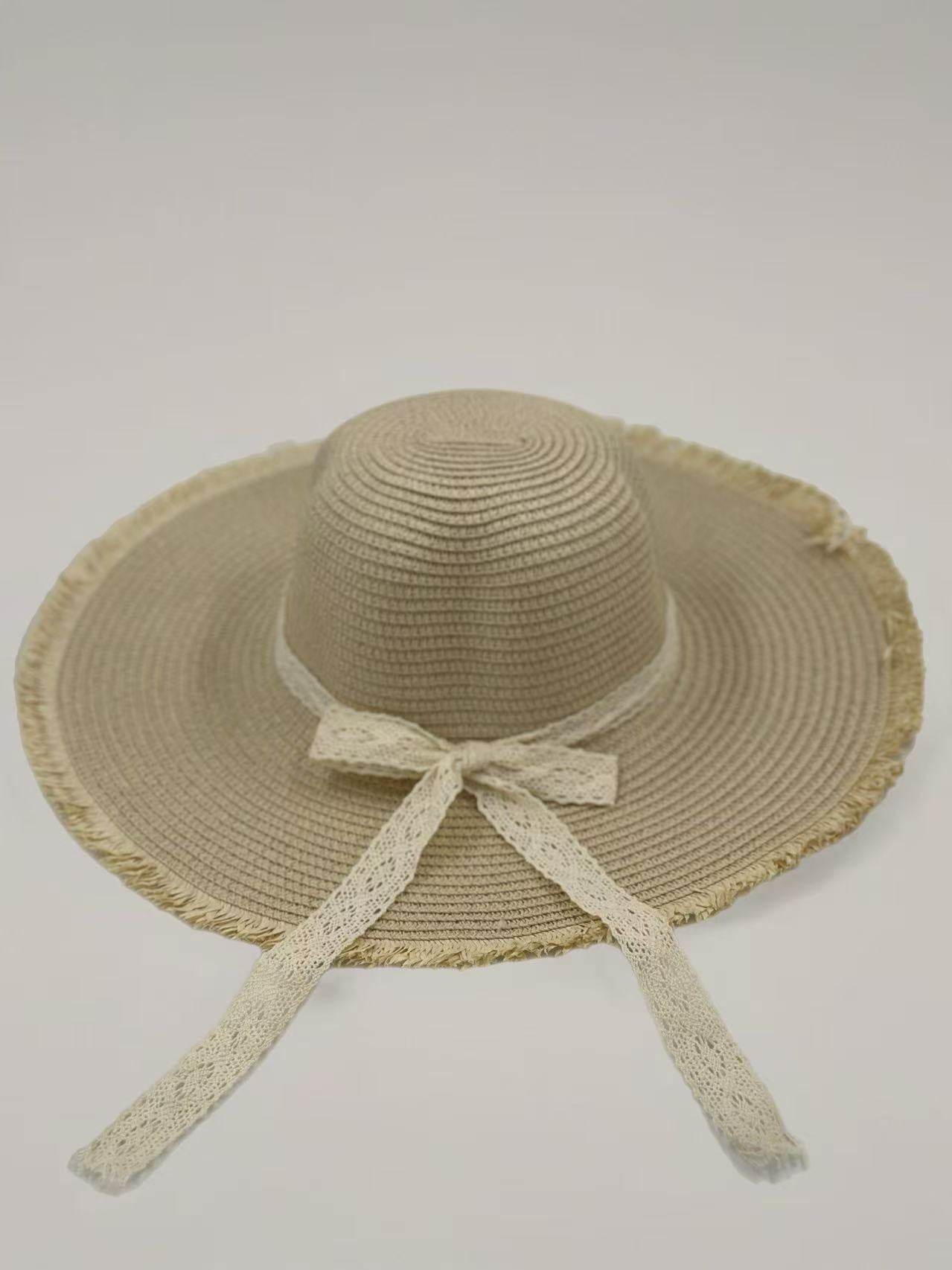 Rustic Straw Sun Hat with Lace Ribbon & Frayed Brim - MODA ACCESSORIES