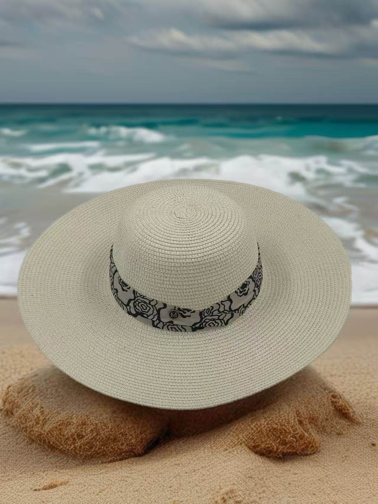 Elegant Wide-Brim Straw Hat with Black Rose Pattern Band - MODA ACCESSORIES