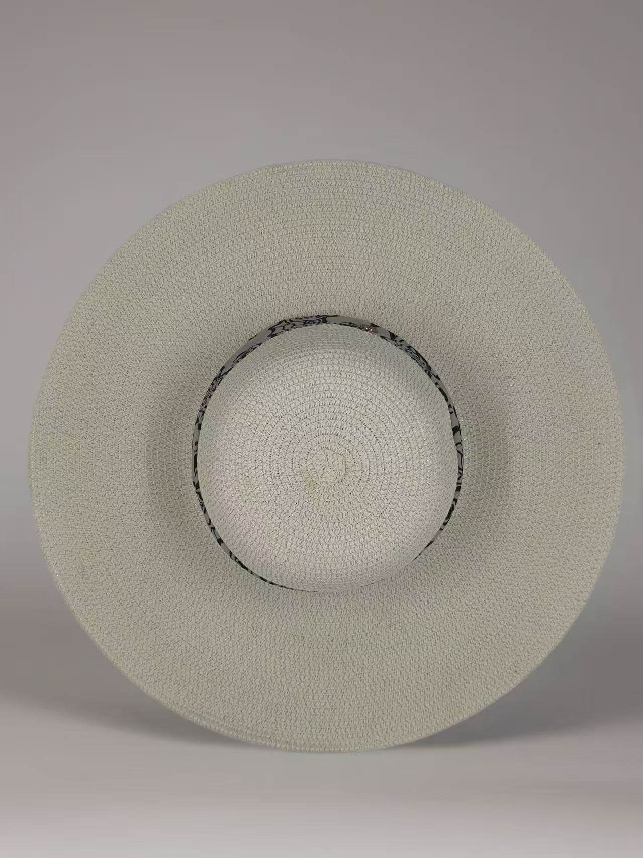 Elegant Wide-Brim Straw Hat with Black Rose Pattern Band - MODA ACCESSORIES