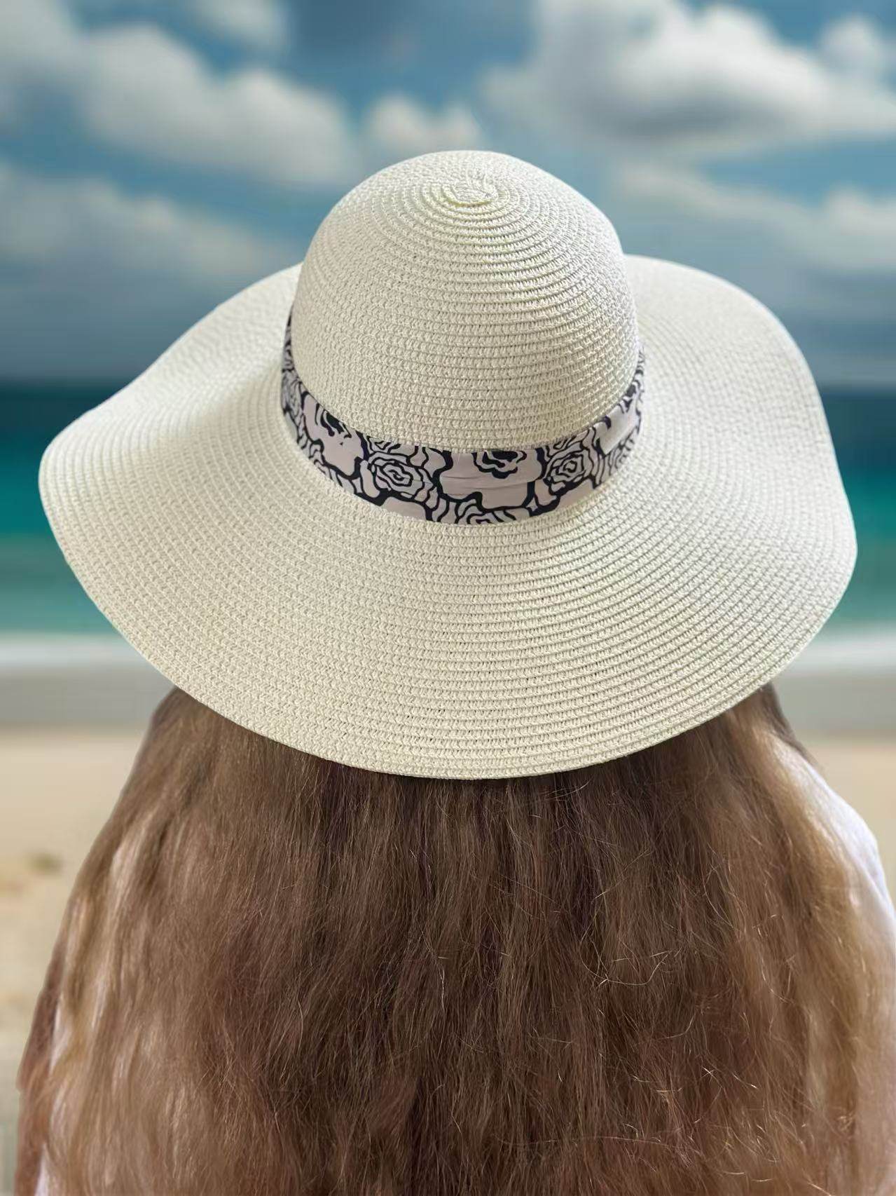 Elegant Wide-Brim Straw Hat with Black Rose Pattern Band - MODA ACCESSORIES