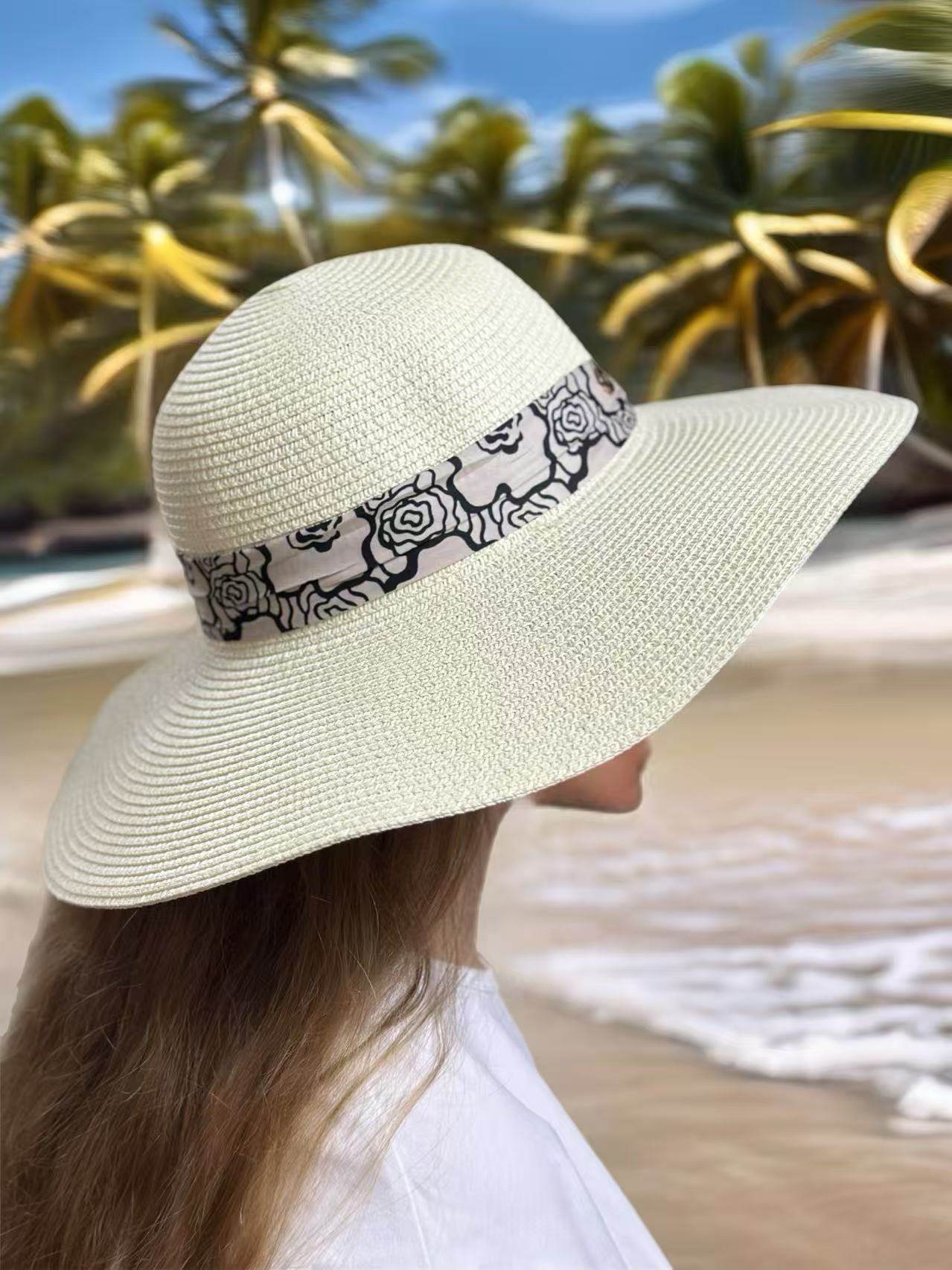 Elegant Wide-Brim Straw Hat with Black Rose Pattern Band - MODA ACCESSORIES