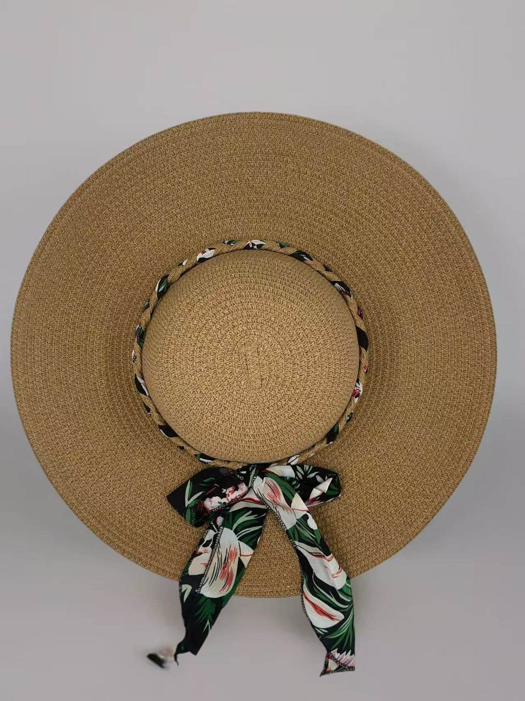 Tropical Bloom Wide-Brim Straw Hat with Floral Scarf Accent - MODA ACCESSORIES