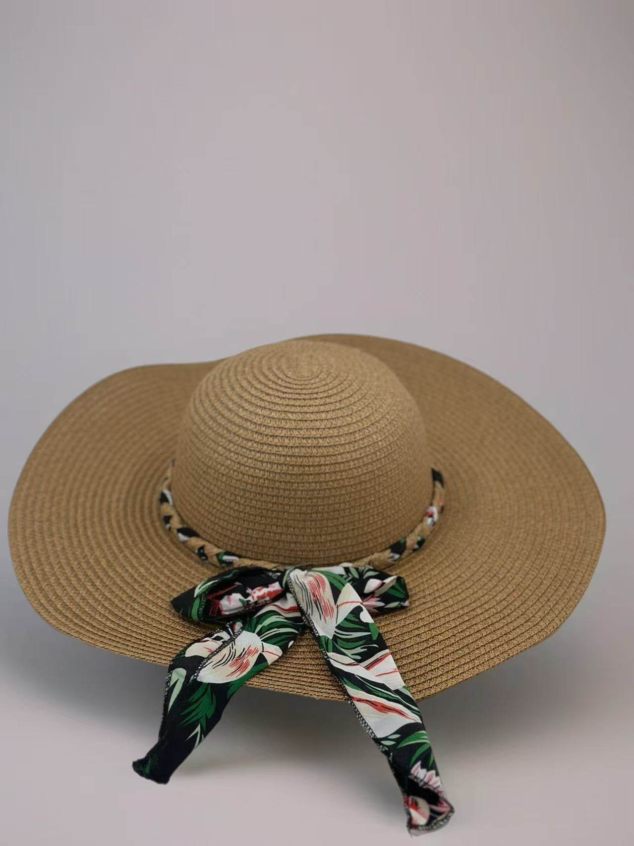 Tropical Bloom Wide-Brim Straw Hat with Floral Scarf Accent - MODA ACCESSORIES