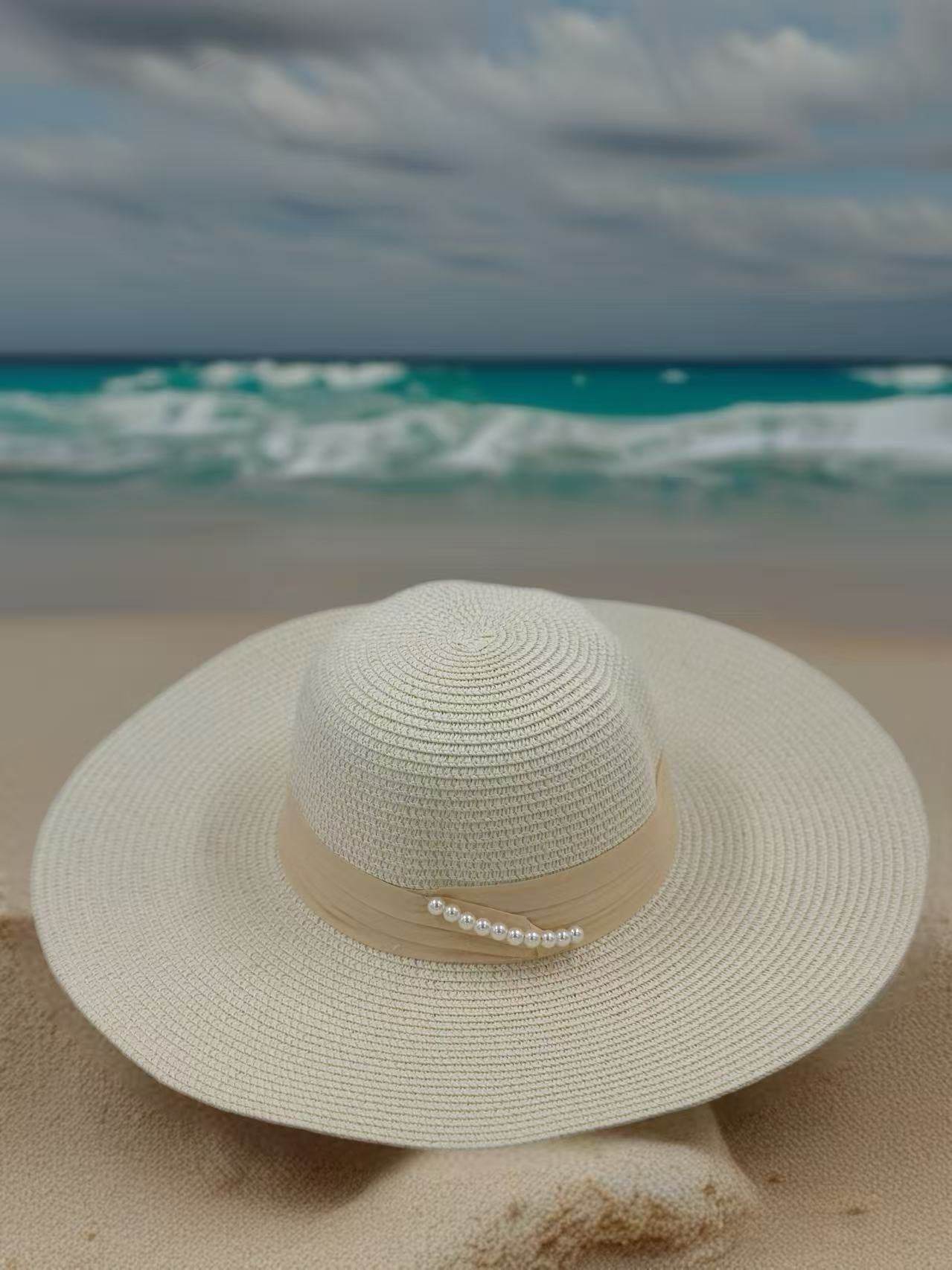 Elegant Ivory Sun Hat with Pearl Accent - MODA ACCESSORIES