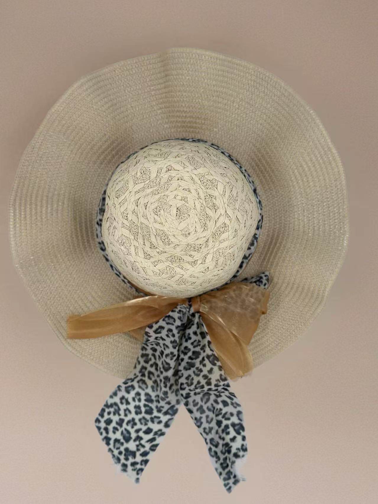 Textured Beige Floppy Hat with Leopard and Organza Ribbon - MODA ACCESSORIES
