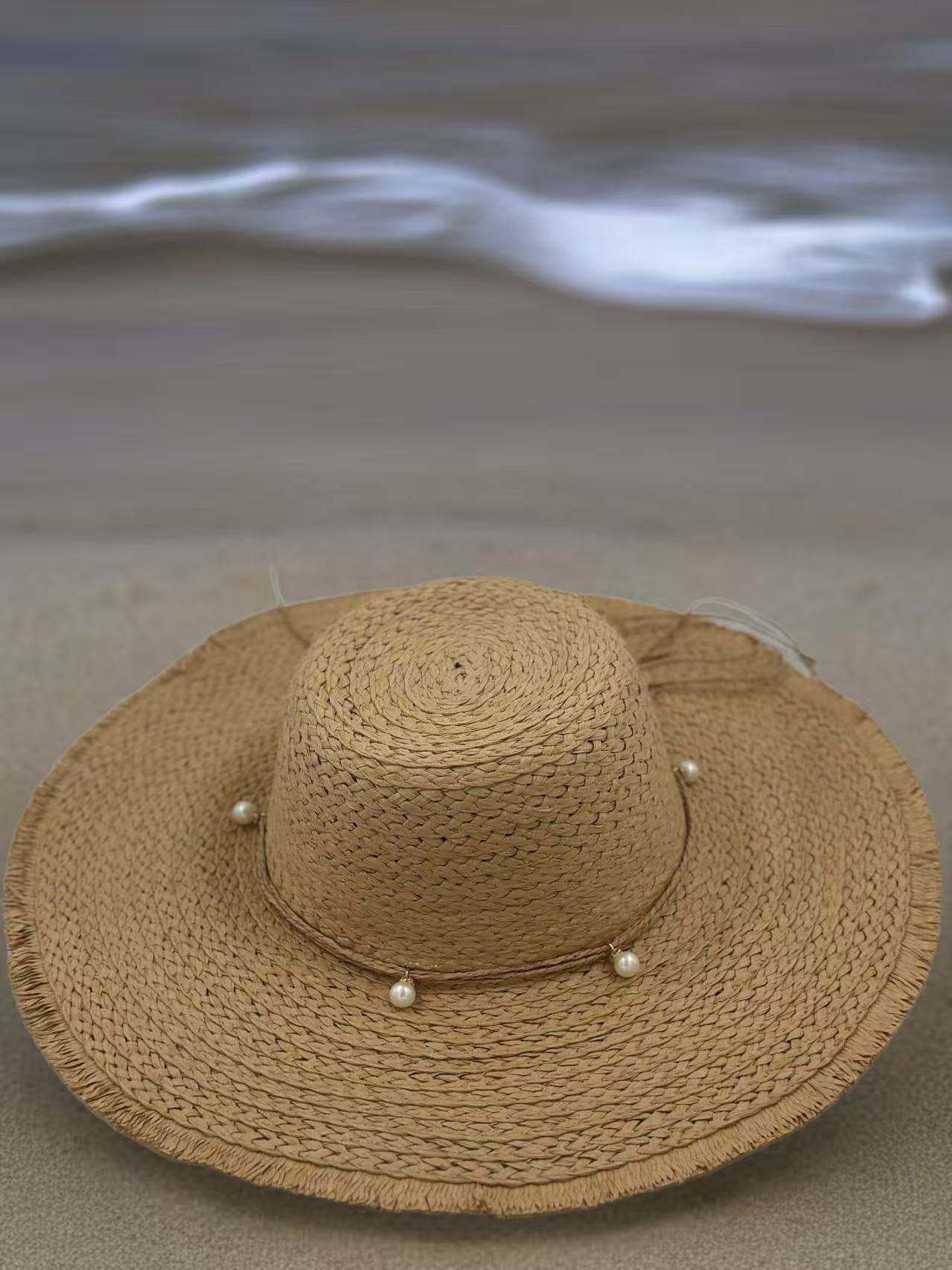 Rustic Straw Sun Hat with Pearl Accents - MODA ACCESSORIES
