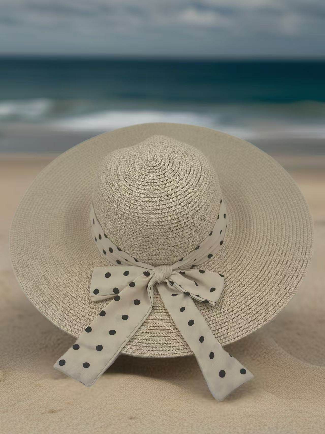 Elegant Wide-Brim Sun Hat with Polka Dot Ribbon - MODA ACCESSORIES