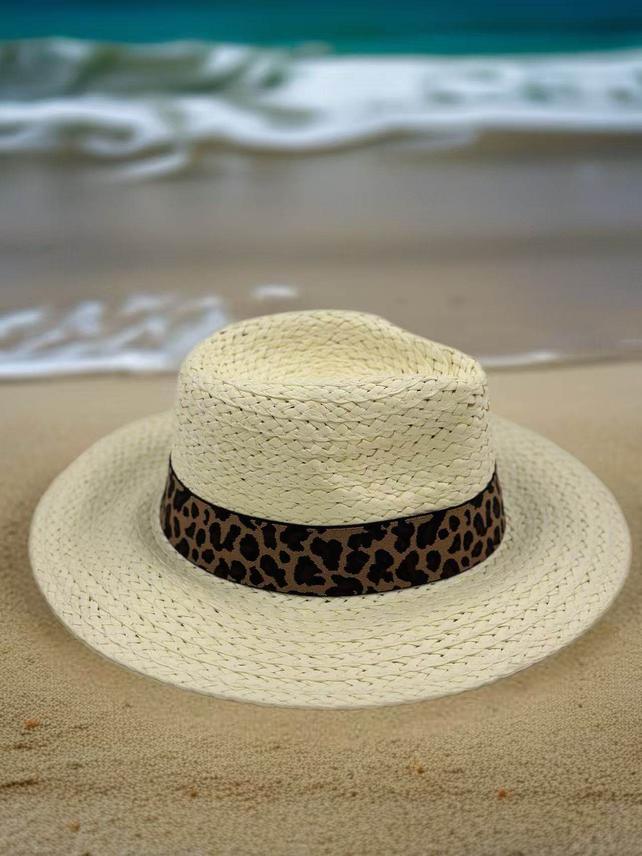 Stylish Straw Fedora with Leopard Print Band - MODA ACCESSORIES
