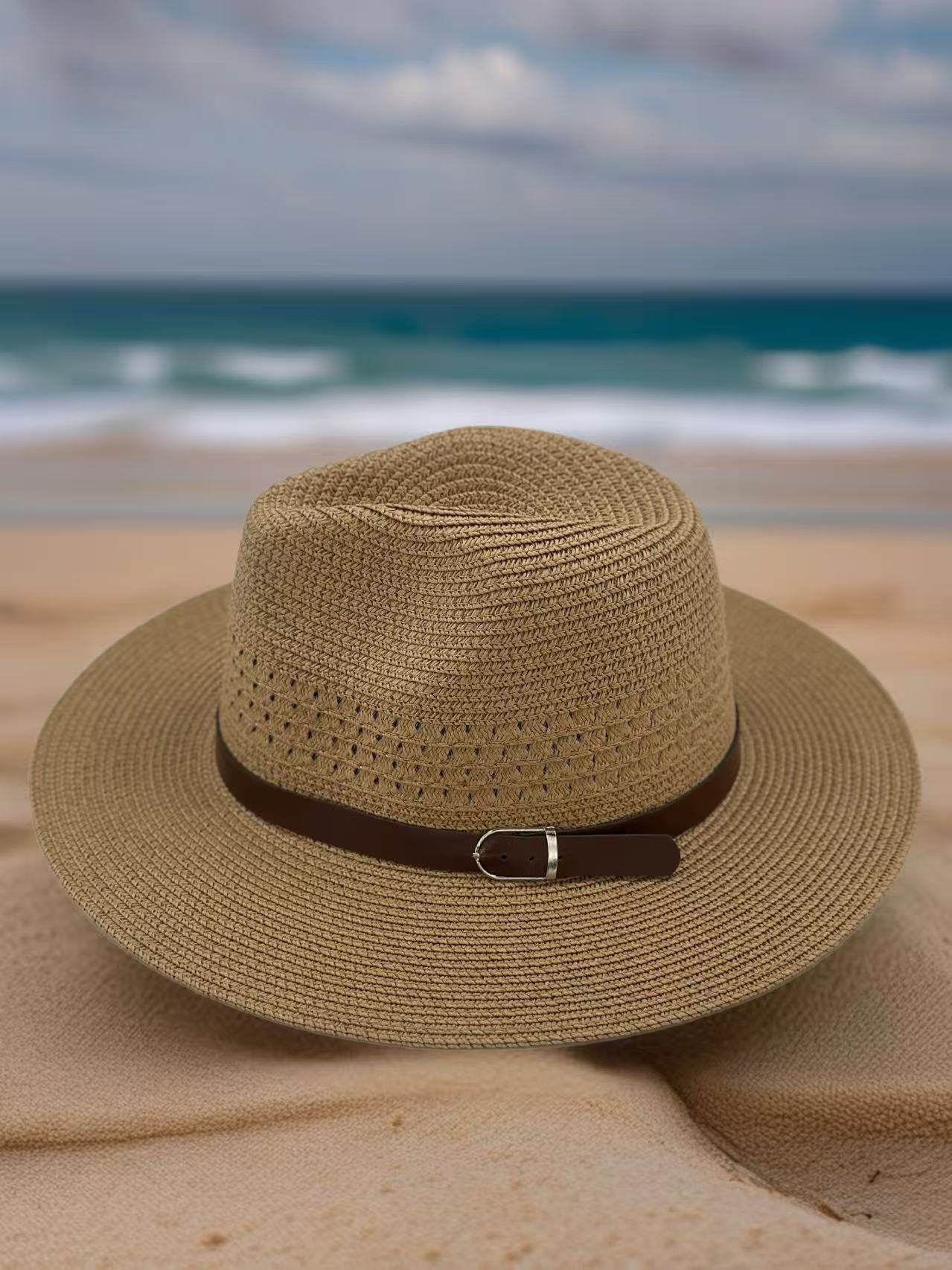 Classic Woven Fedora with Brown Buckle Band - MODA ACCESSORIES