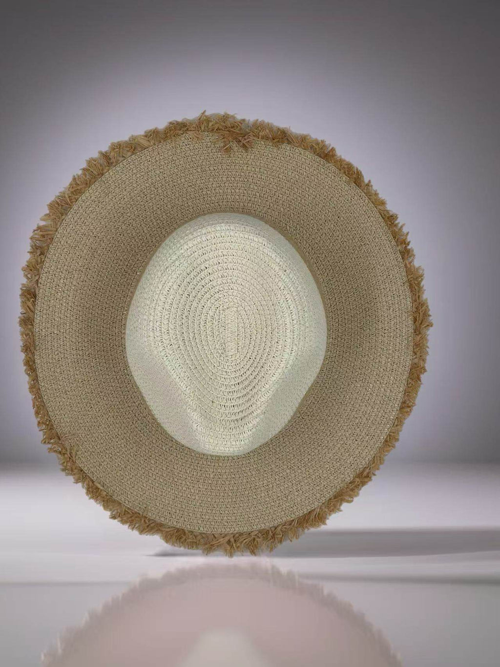 Two-Tone Wide-Brim Straw Hat with Frayed Edge - MODA ACCESSORIES