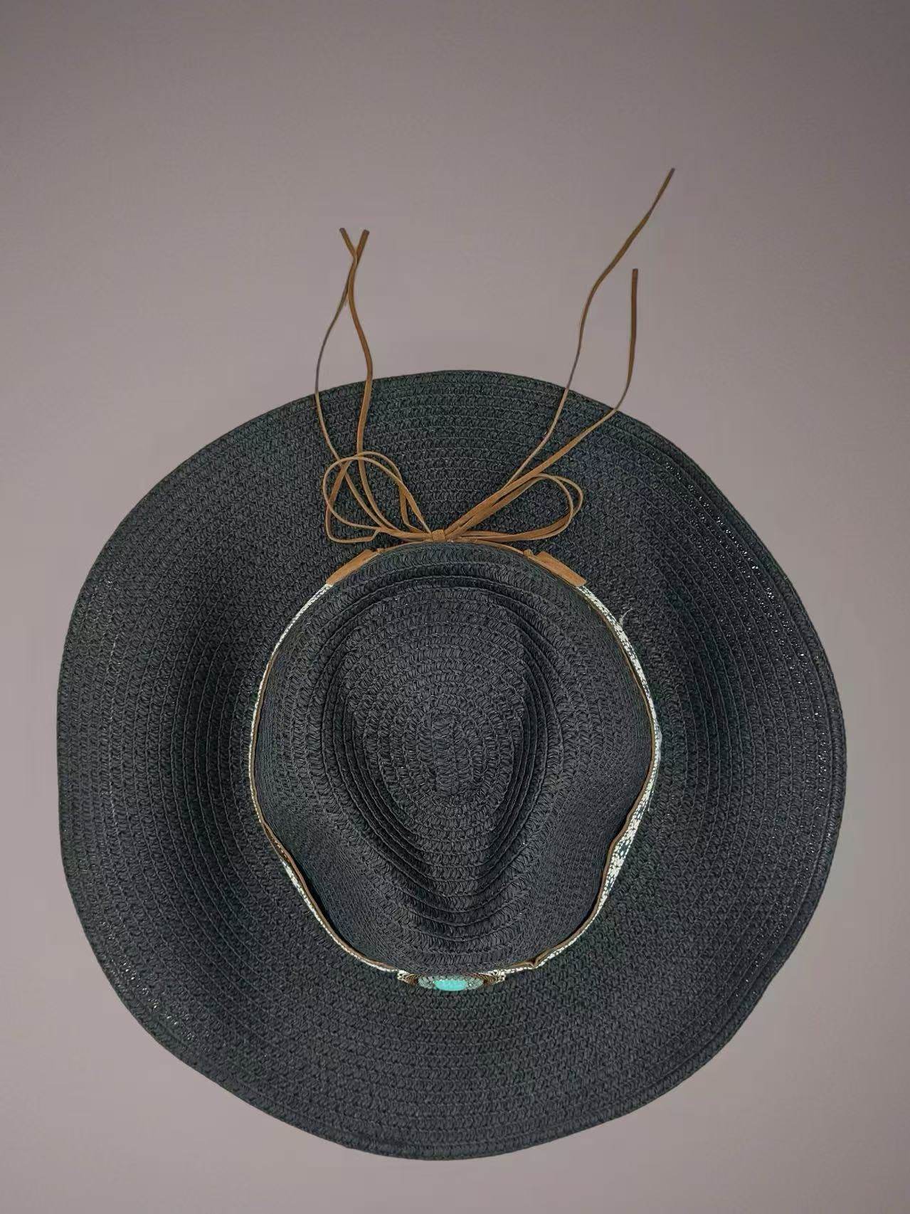 Boho Black Straw Hat with Embellished Turquoise Accent - MODA ACCESSORIES