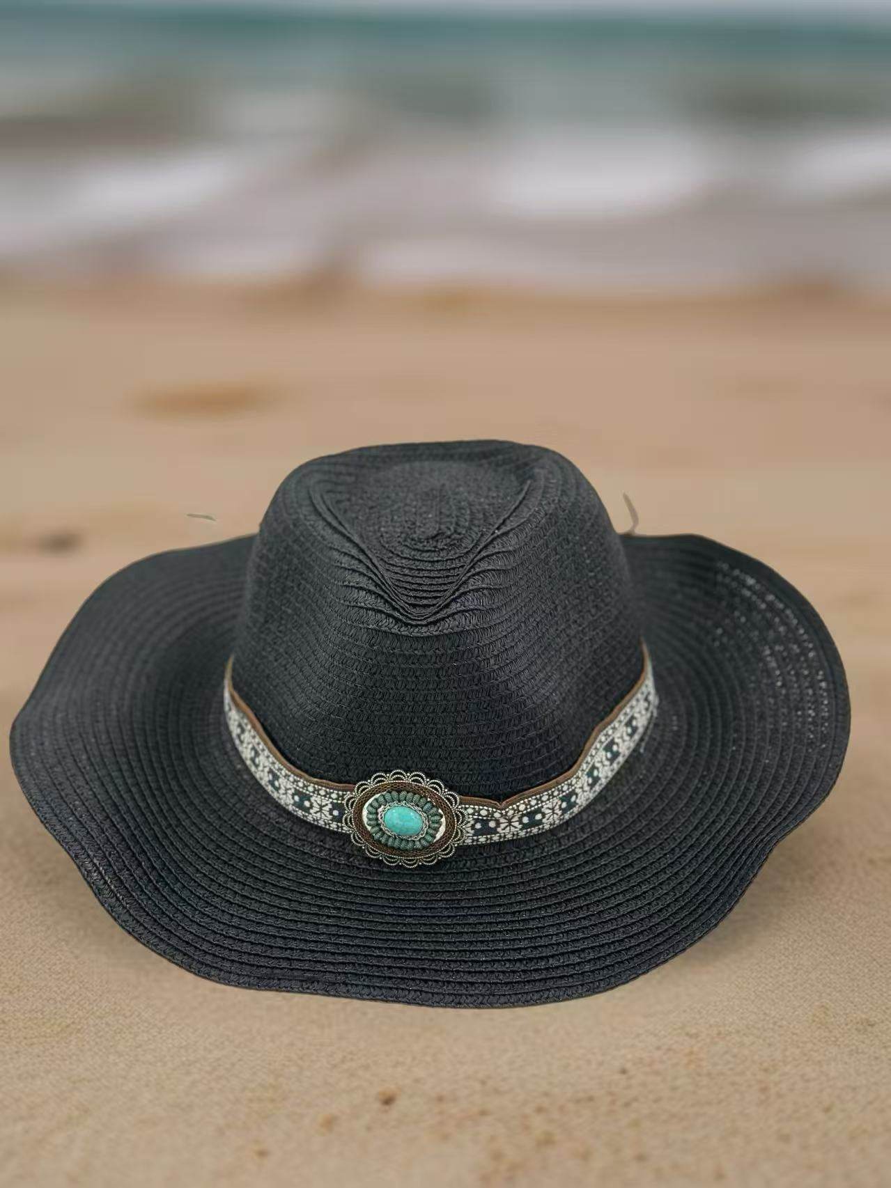 Boho Black Straw Hat with Embellished Turquoise Accent - MODA ACCESSORIES