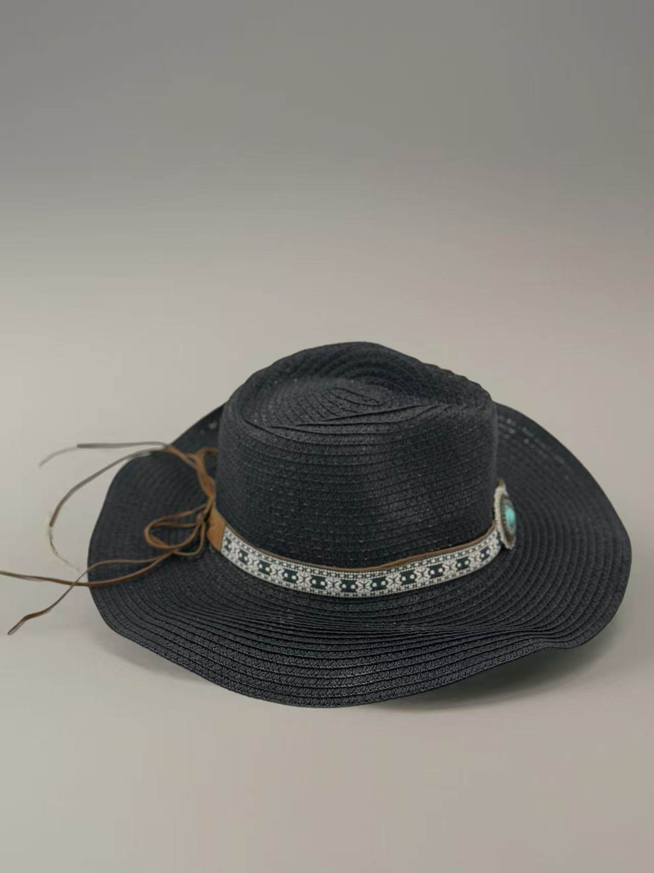 Boho Black Straw Hat with Embellished Turquoise Accent - MODA ACCESSORIES