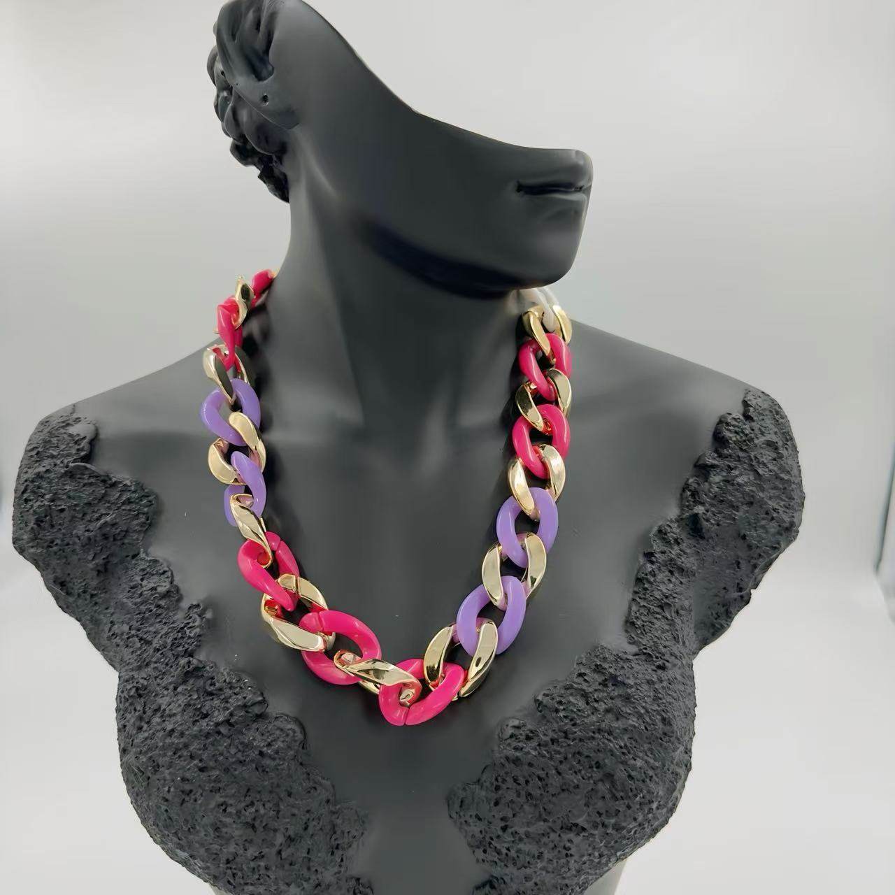 Link Chain Necklace with Gold-Tone Accent β Pink & Purple Duo - MODA ACCESSORIES