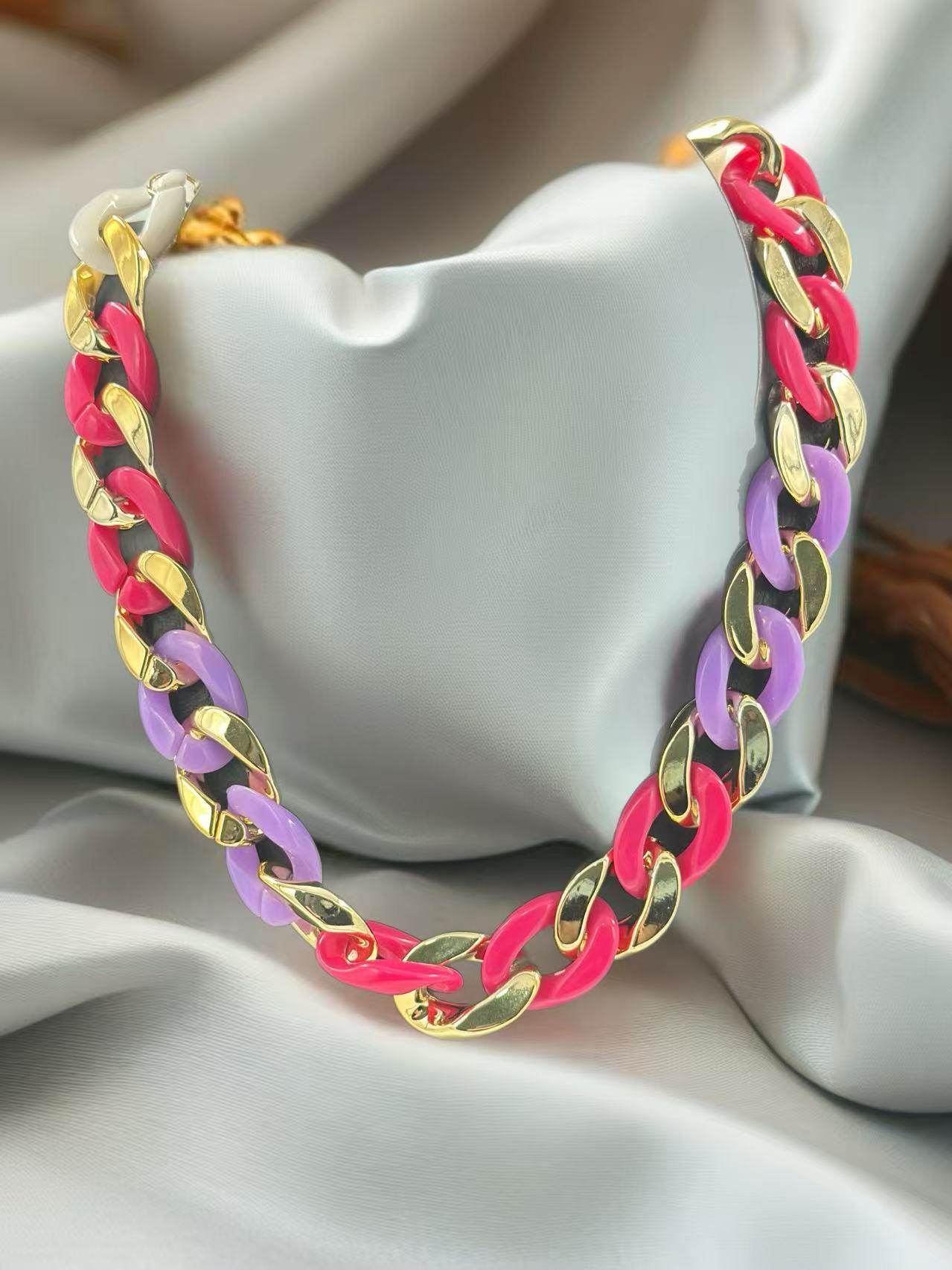 Link Chain Necklace with Gold-Tone Accent β Pink & Purple Duo - MODA ACCESSORIES
