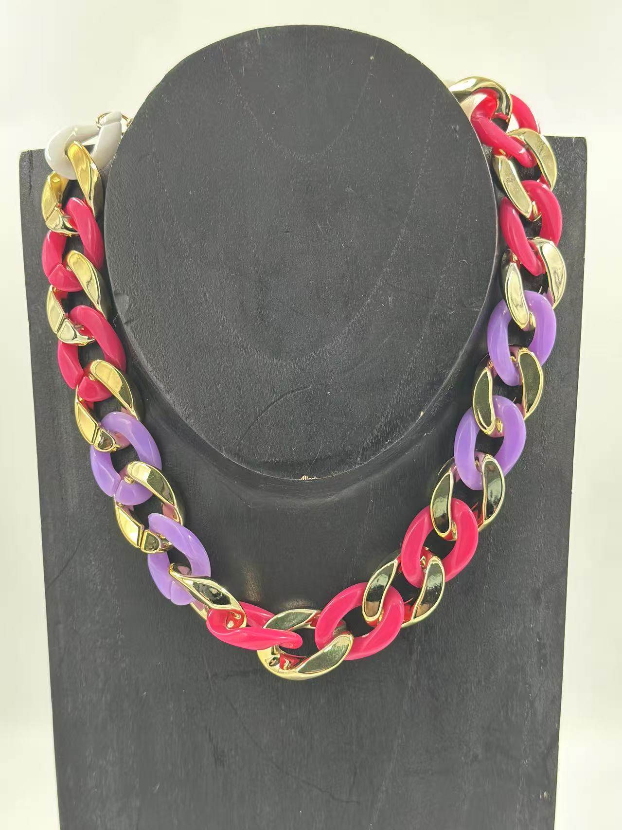 Link Chain Necklace with Gold-Tone Accent β Pink & Purple Duo - MODA ACCESSORIES