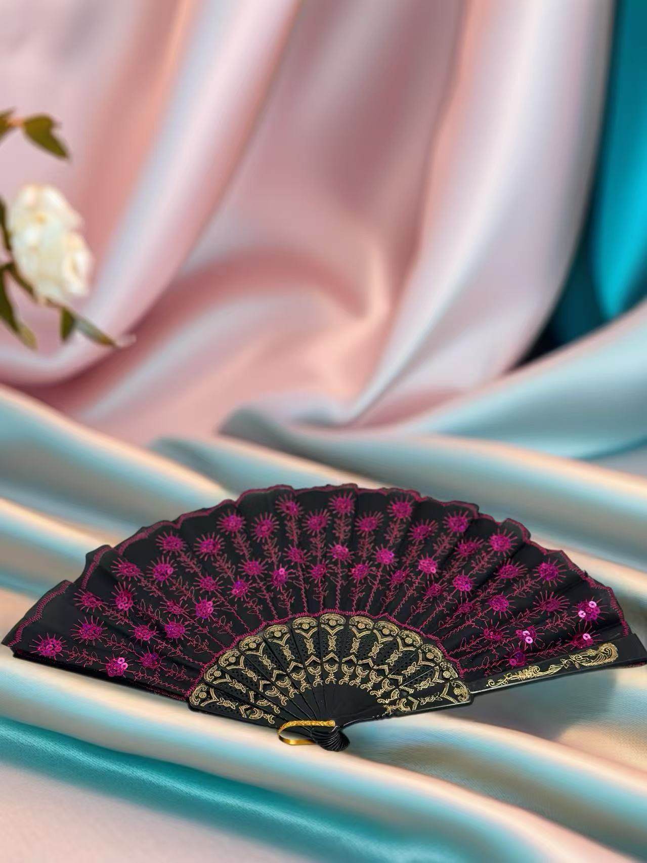 Luxury Lace-Embroidered Hand Fans β Set of 5 with Floral Sequin Detailing - MODA ACCESSORIES