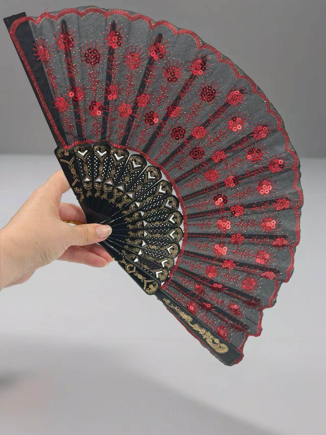 Luxury Lace-Embroidered Hand Fans – Set of 5 with Floral Sequin Detailing - MODA ACCESSORIES