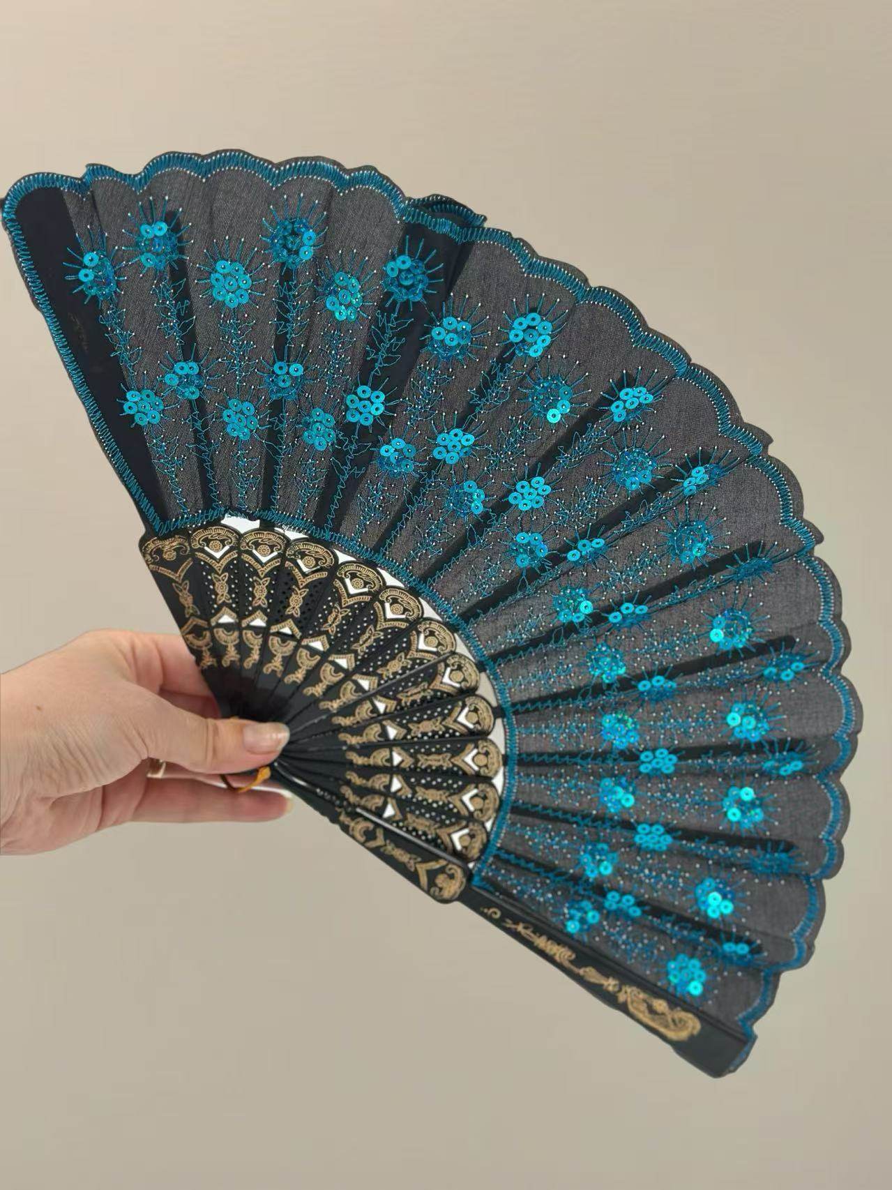 Luxury Lace-Embroidered Hand Fans β Set of 5 with Floral Sequin Detailing - MODA ACCESSORIES