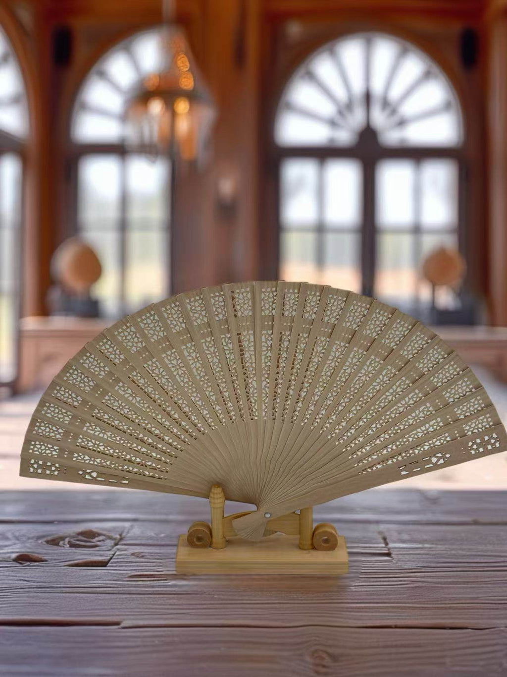 Handheld Carved Wooden Fan with Intricate Pattern (Small) - MODA ACCESSORIES