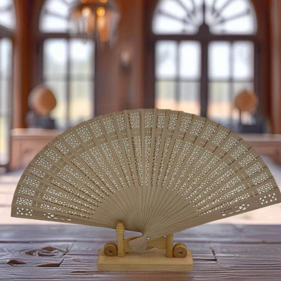 Handheld Carved Wooden Fan with Intricate Pattern (Small) - MODA ACCESSORIES