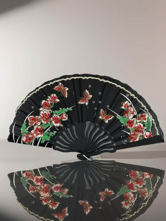 Elegant Black Folding Fan with Embroidered Floral and Butterfly Design - MODA ACCESSORIES