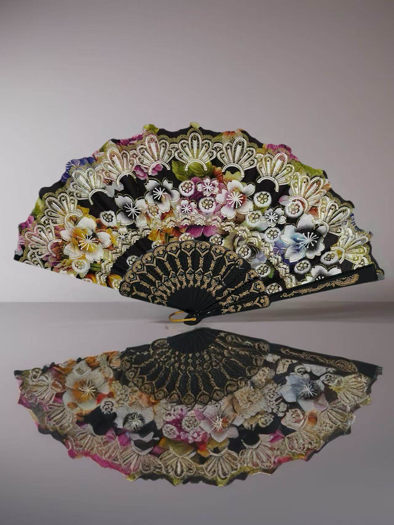 Ornate Lace Hand Fans with Floral Embellishments - MODA ACCESSORIES