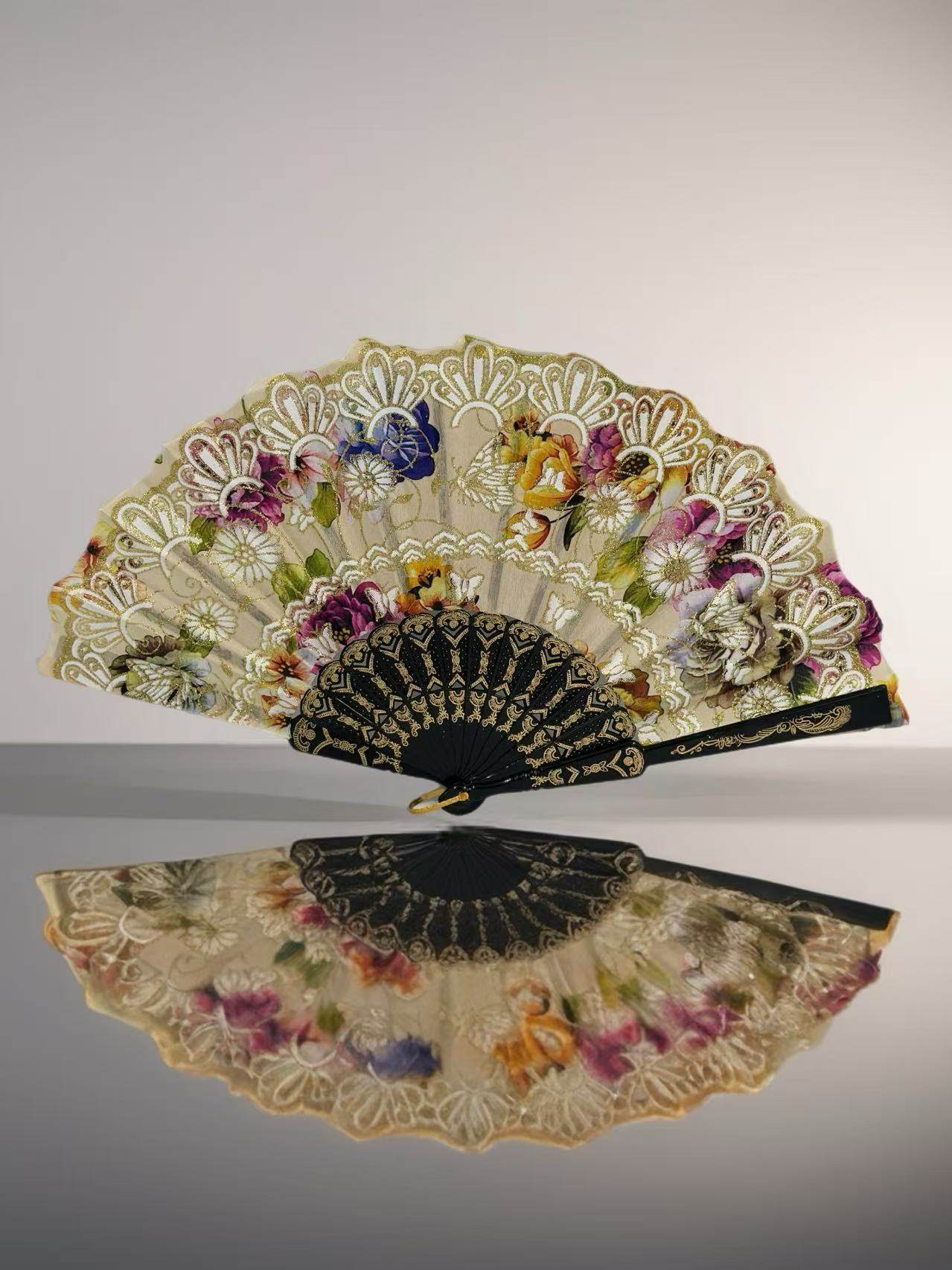 Ornate Lace Hand Fans with Floral Embellishments - MODA ACCESSORIES