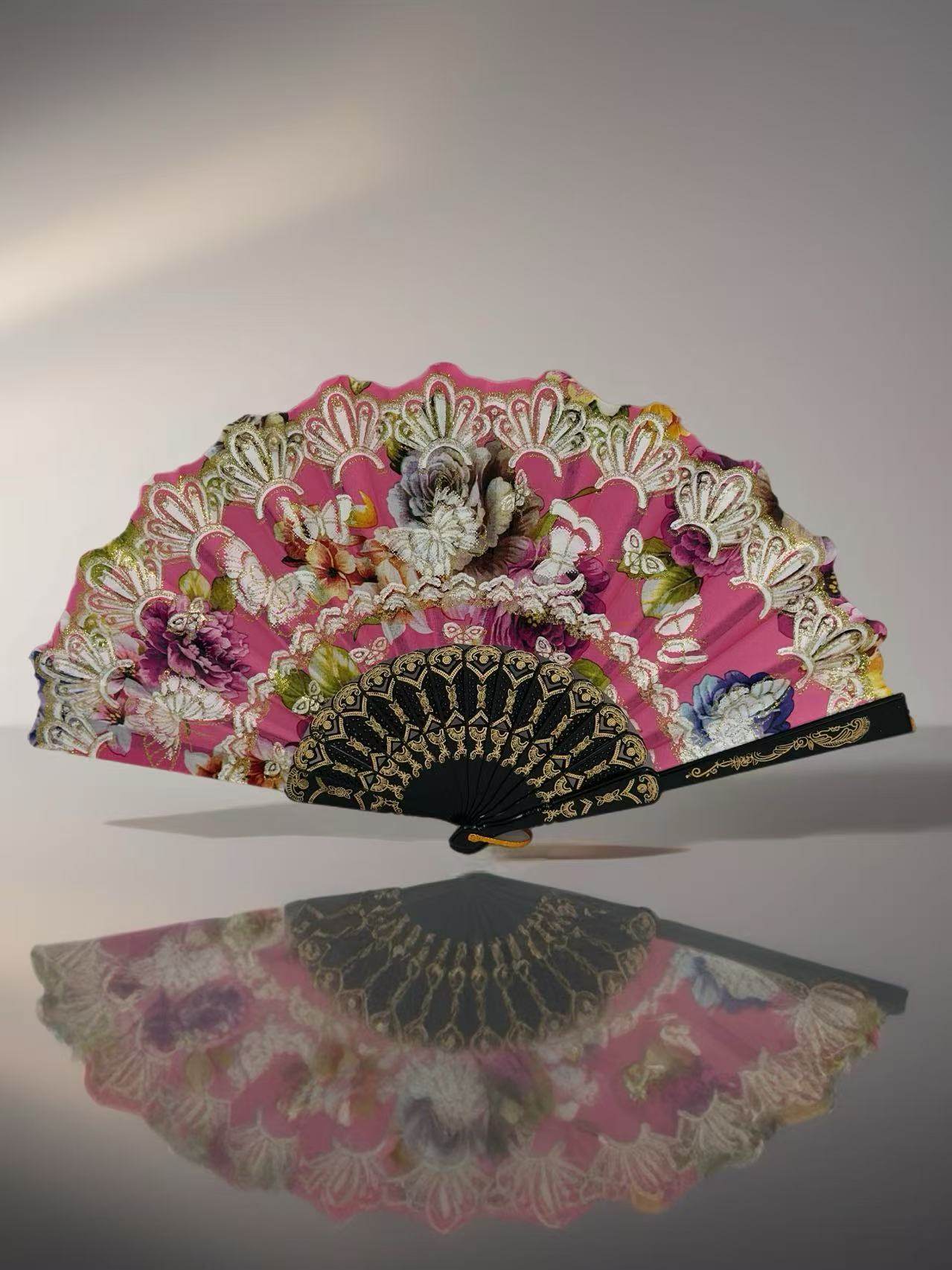 Ornate Lace Hand Fans with Floral Embellishments - MODA ACCESSORIES