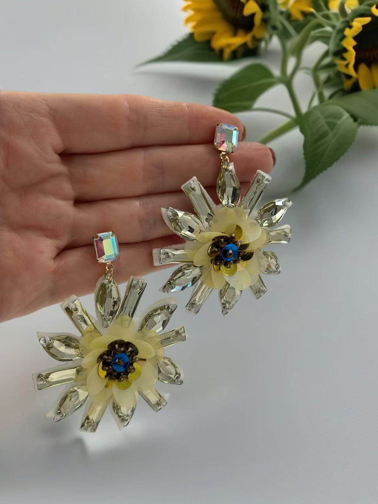 Sunburst Floral Statement Earrings with Crystal Accents - MODA ACCESSORIES