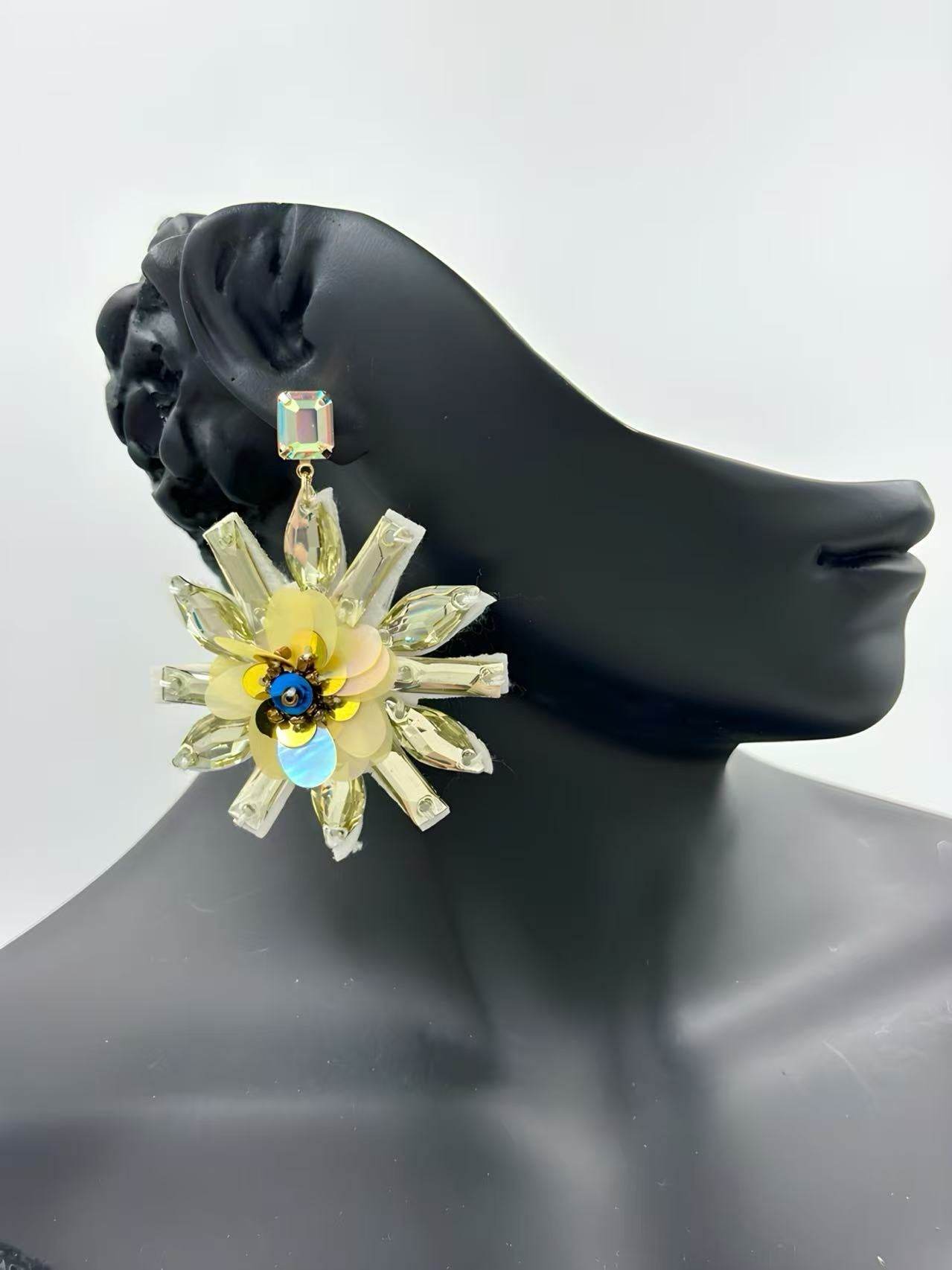 Sunburst Floral Statement Earrings with Crystal Accents - MODA ACCESSORIES