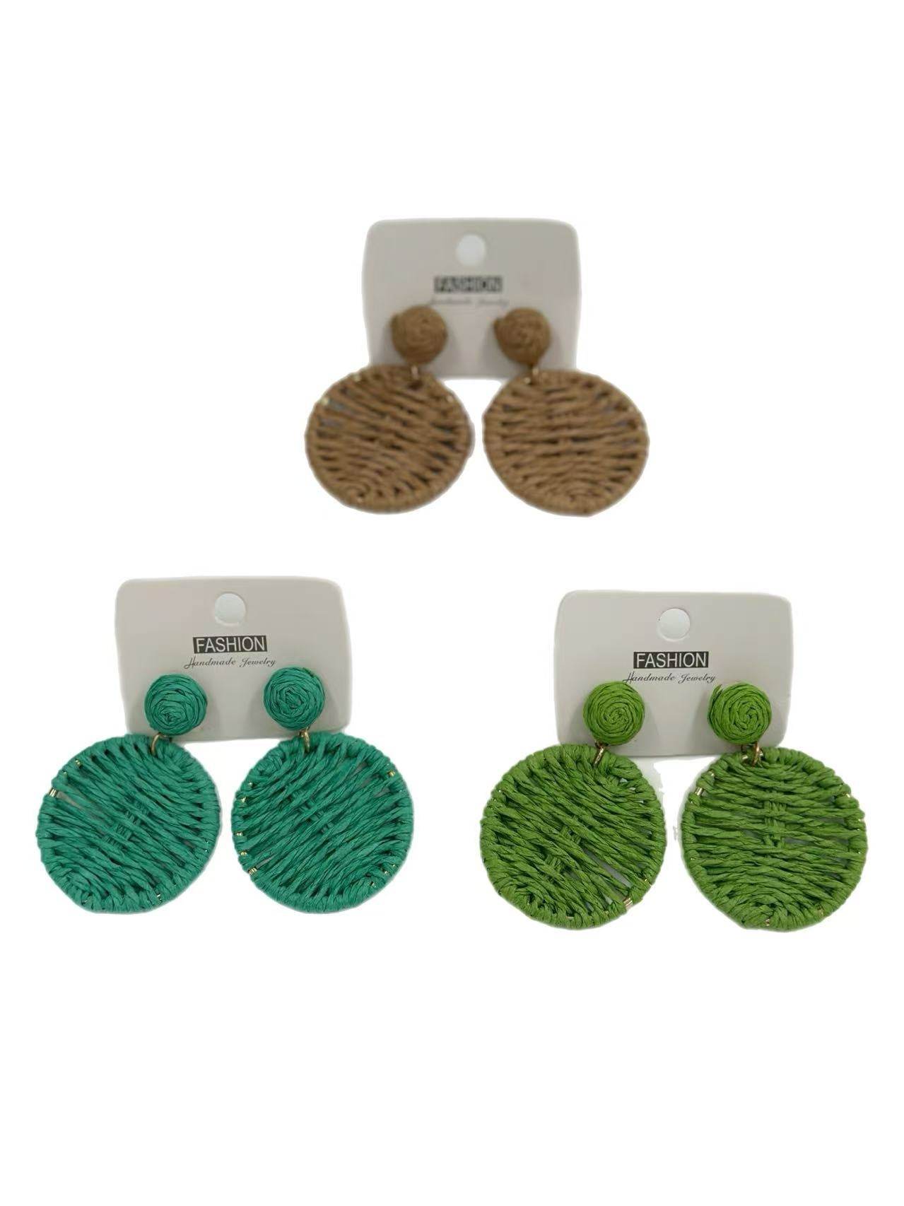 Boho Chic Woven Raffia Circle Drop Earrings – 3 Color Set - MODA ACCESSORIES