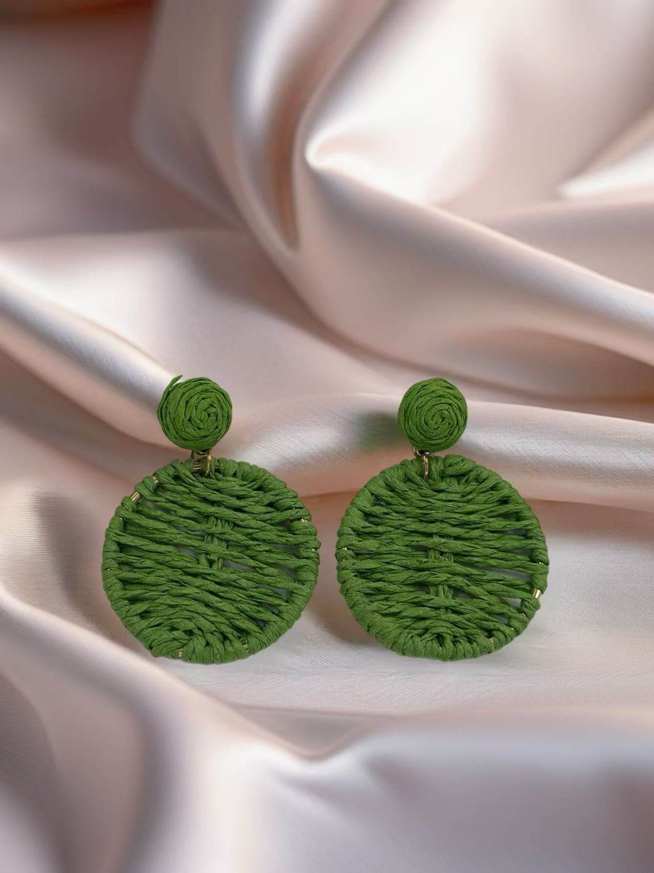 Boho Chic Woven Raffia Circle Drop Earrings – 3 Color Set - MODA ACCESSORIES