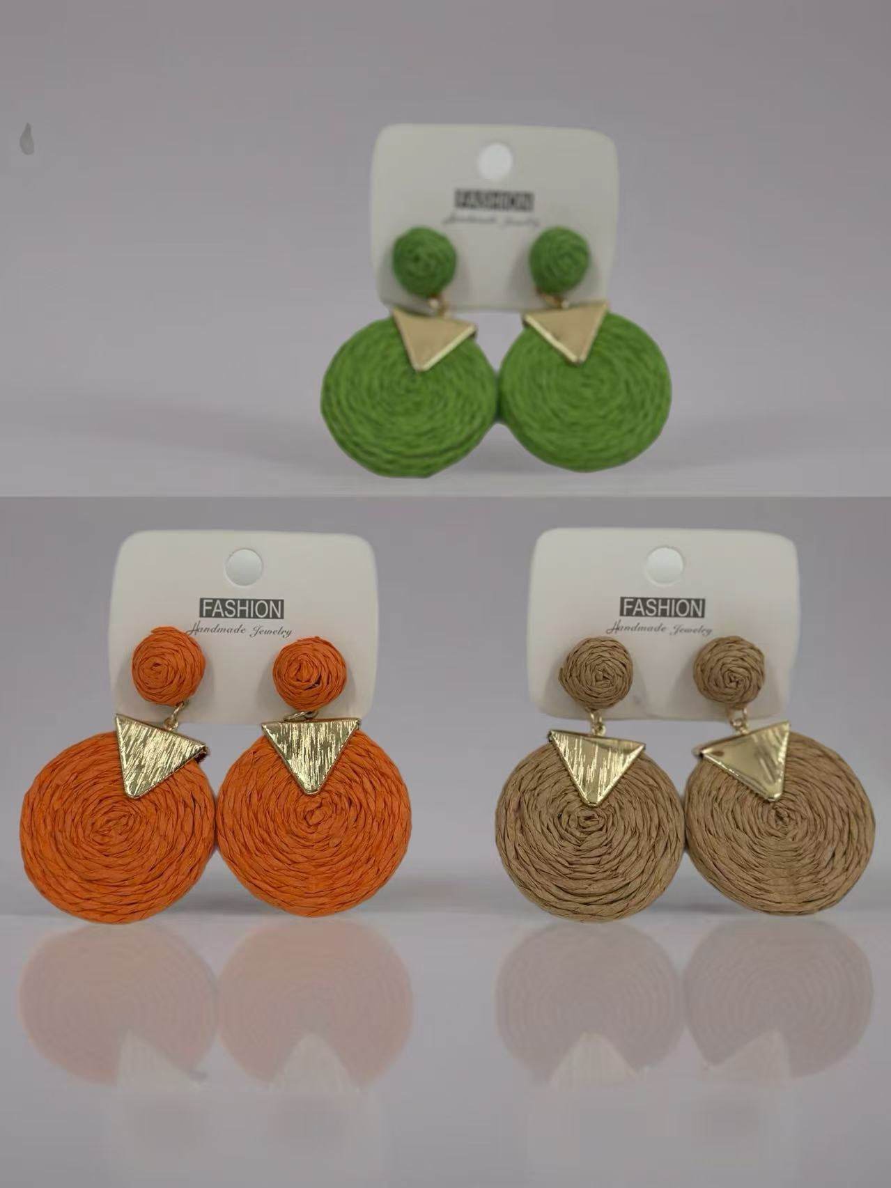 Geometric Raffia Circle Drop Earrings with Gold Triangle Accent β 3 Color Set - MODA ACCESSORIES