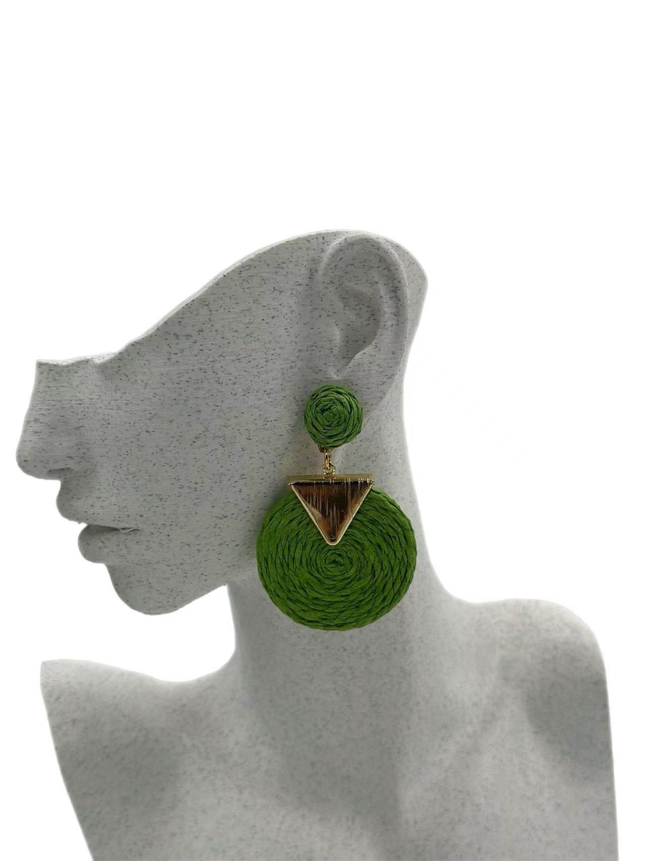 Geometric Raffia Circle Drop Earrings with Gold Triangle Accent β 3 Color Set - MODA ACCESSORIES