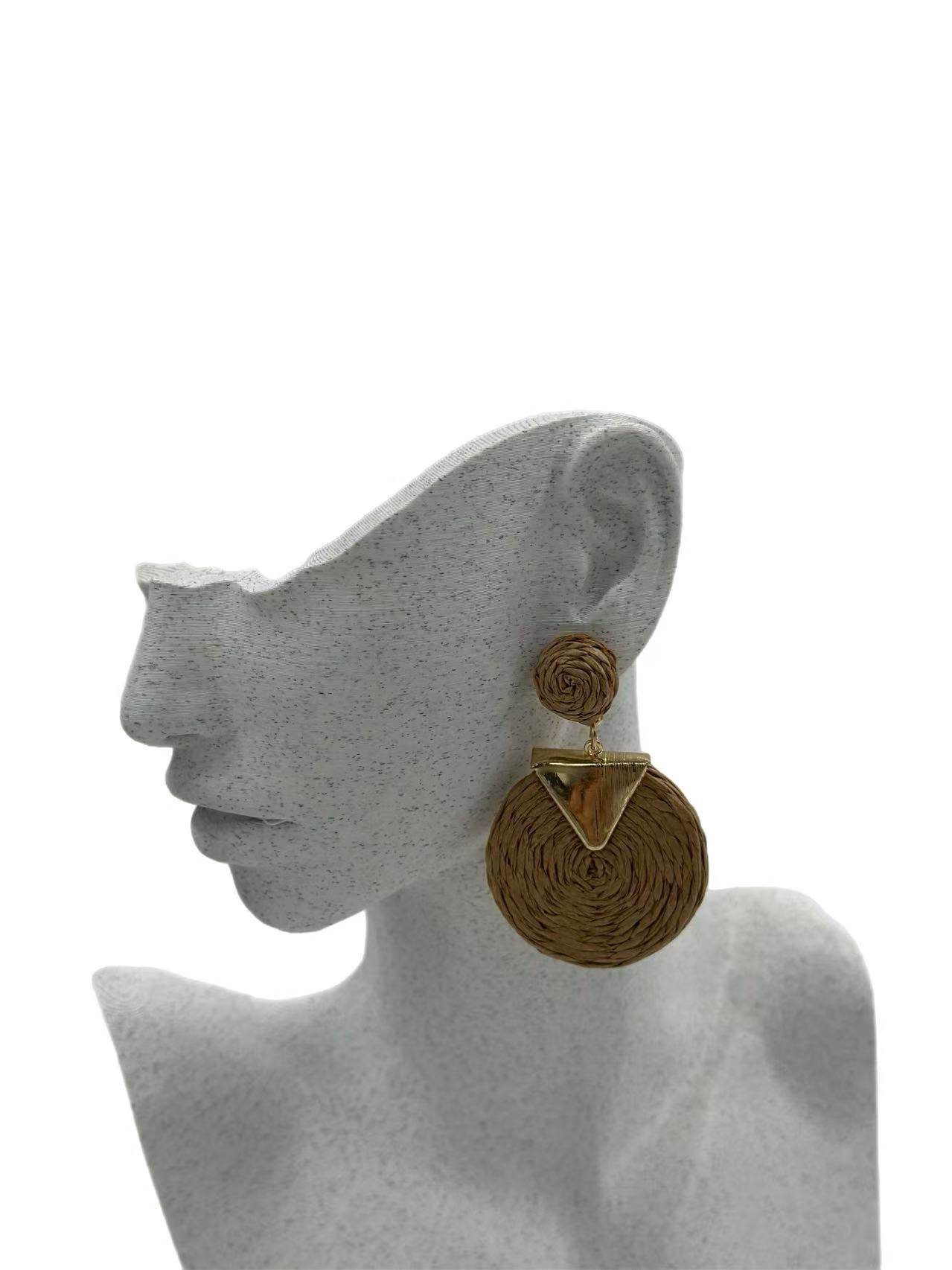 Geometric Raffia Circle Drop Earrings with Gold Triangle Accent β 3 Color Set - MODA ACCESSORIES
