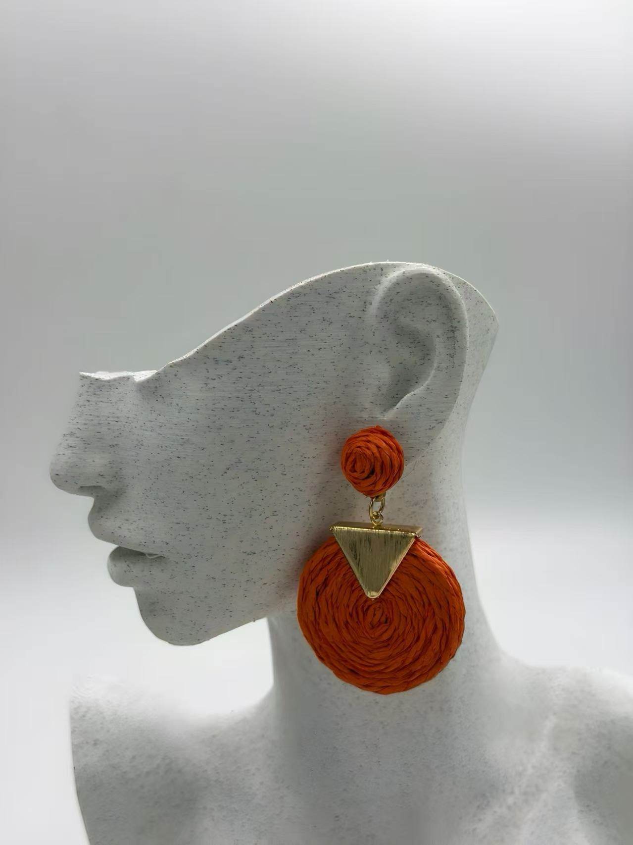 Geometric Raffia Circle Drop Earrings with Gold Triangle Accent β 3 Color Set - MODA ACCESSORIES