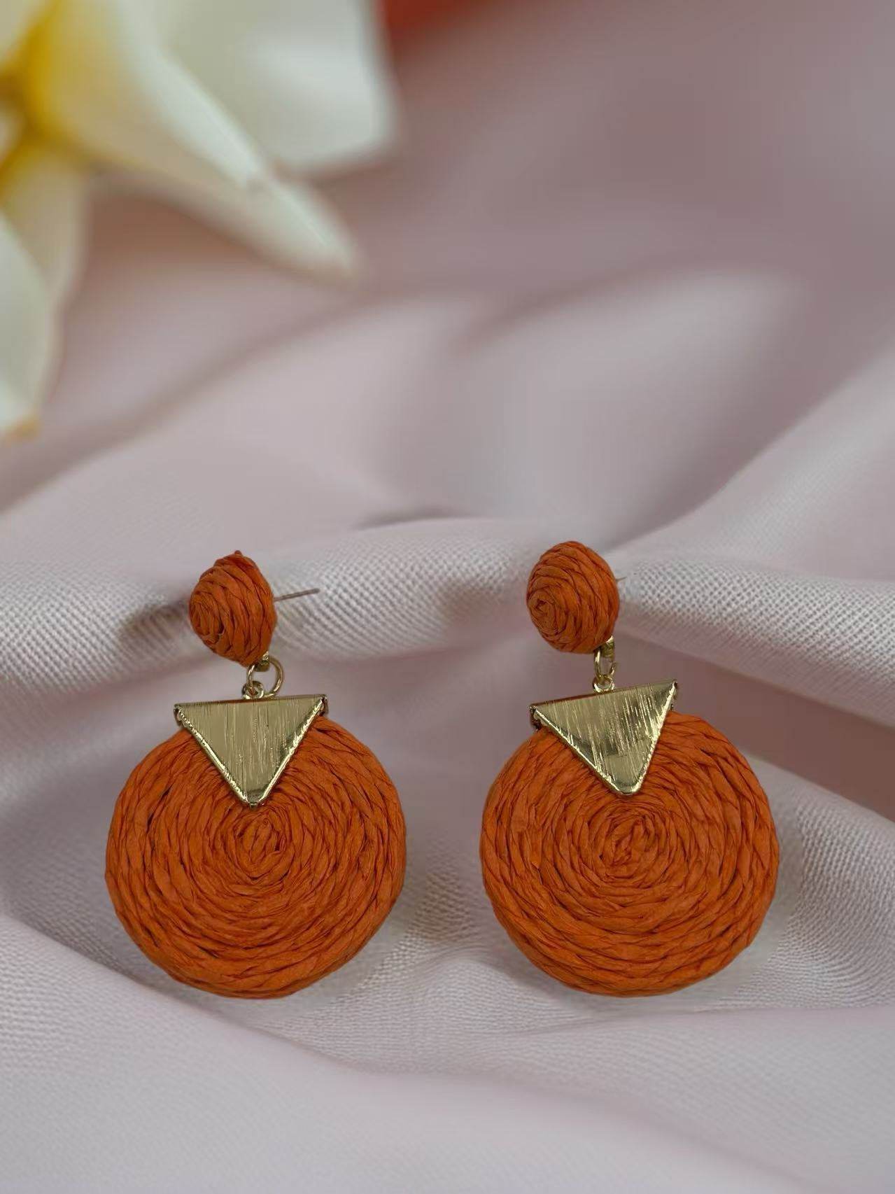 Geometric Raffia Circle Drop Earrings with Gold Triangle Accent β 3 Color Set - MODA ACCESSORIES