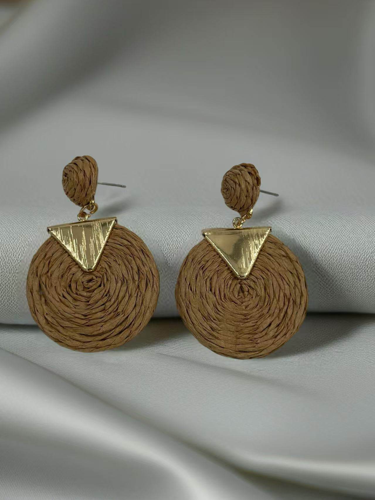 Geometric Raffia Circle Drop Earrings with Gold Triangle Accent β 3 Color Set - MODA ACCESSORIES