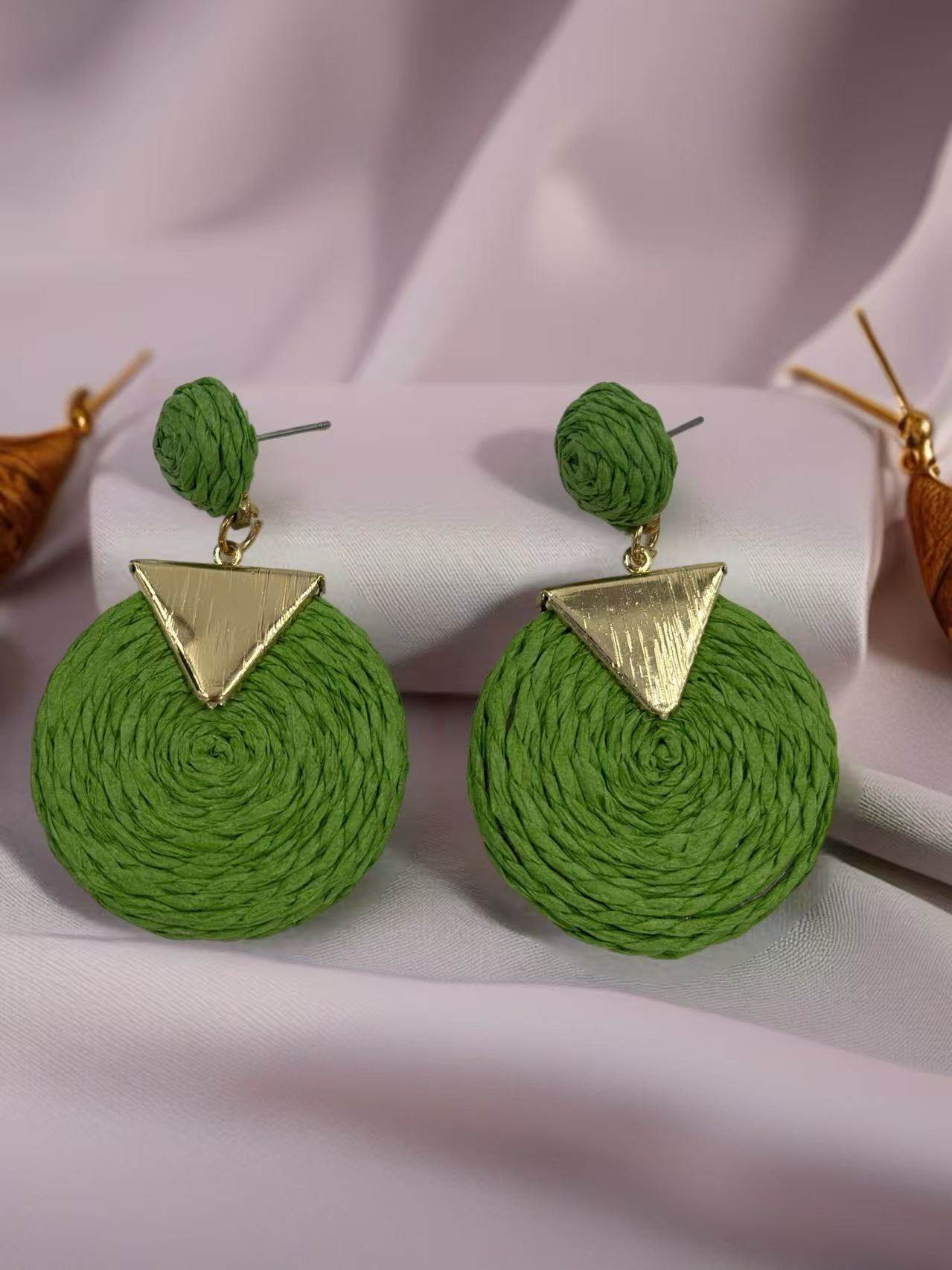 Geometric Raffia Circle Drop Earrings with Gold Triangle Accent β 3 Color Set - MODA ACCESSORIES