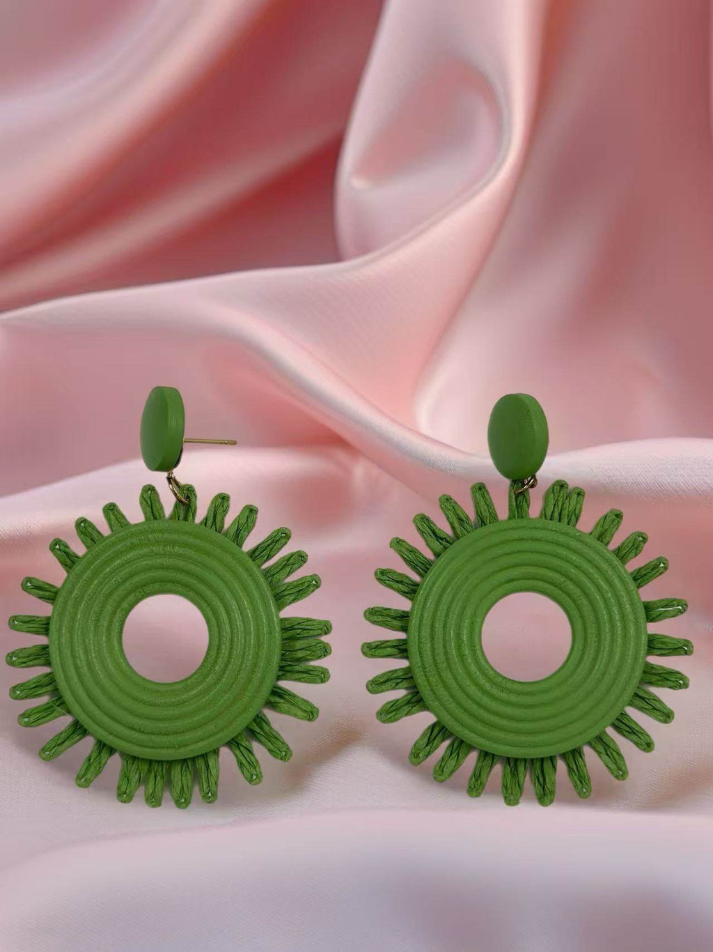 Green Colour Sun Raffia Statement Earrings - MODA ACCESSORIES