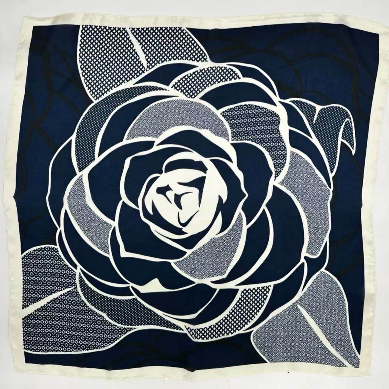 Navy Blue Floral Graphic Scarf with Bold Rose Motif - MODA ACCESSORIES
