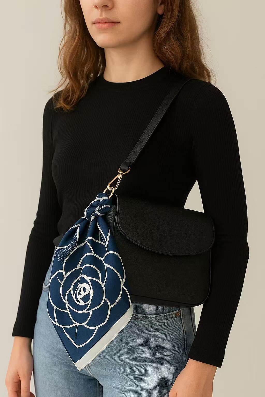 Navy Blue Floral Graphic Scarf with Bold Rose Motif - MODA ACCESSORIES
