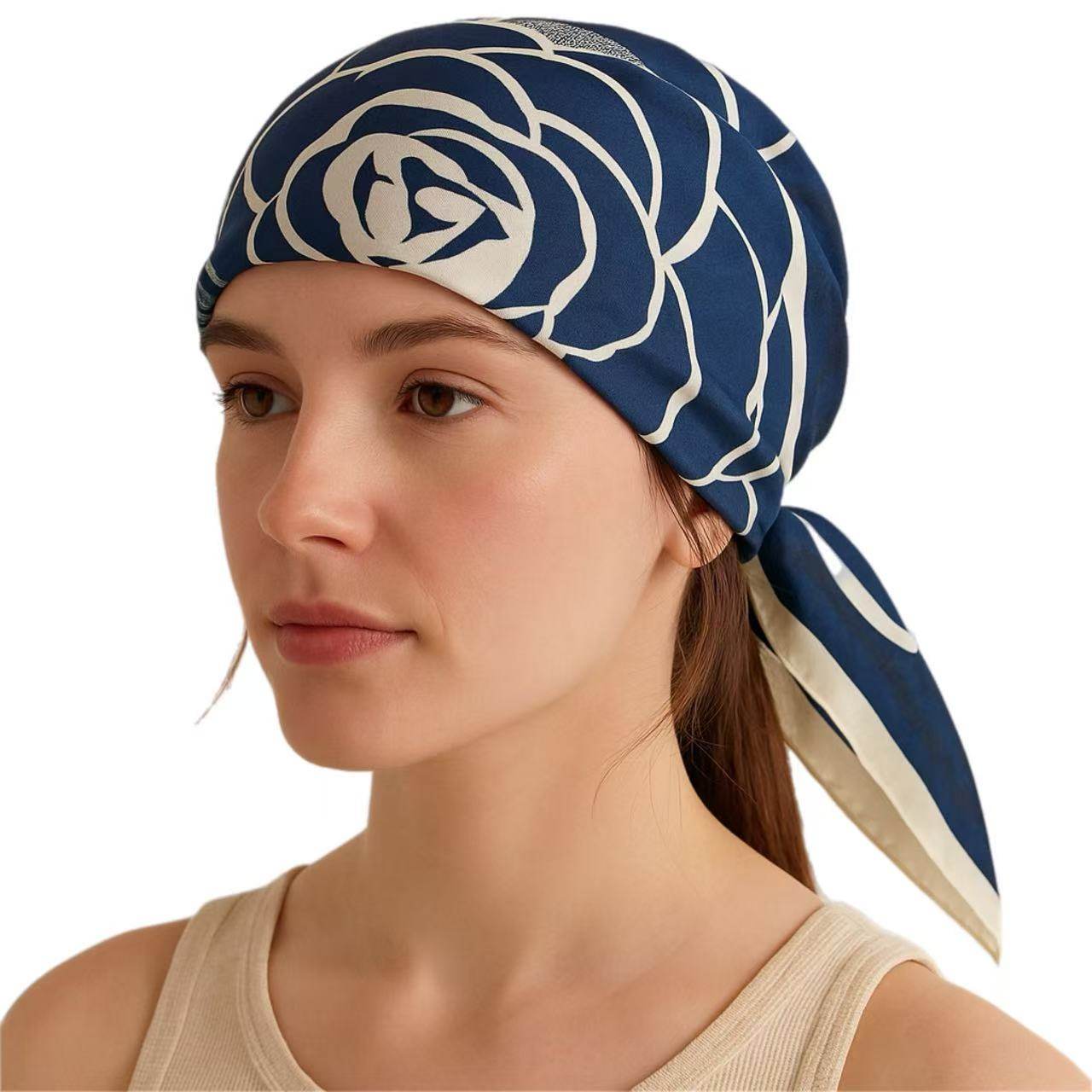 Navy Blue Floral Graphic Scarf with Bold Rose Motif - MODA ACCESSORIES