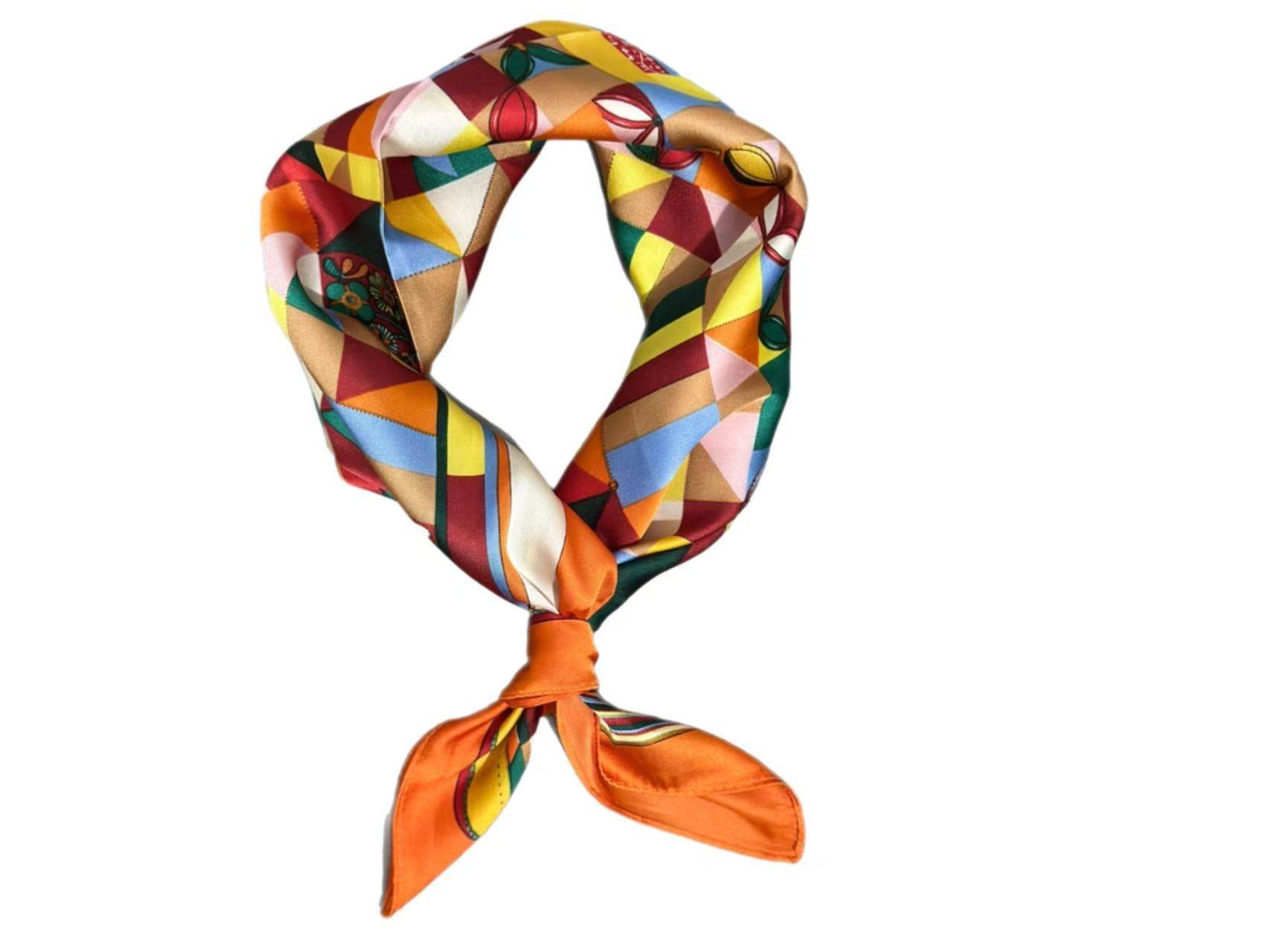 Colorful Geometric Silk Headscarf – Bohemian Patchwork Design - MODA ACCESSORIES