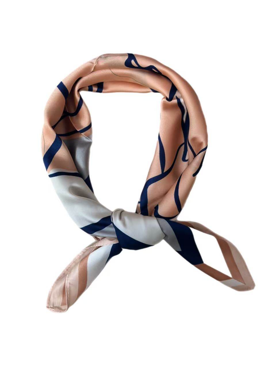 Elegant Floral Print Square Scarf – Beige and Navy Headscarf - MODA ACCESSORIES